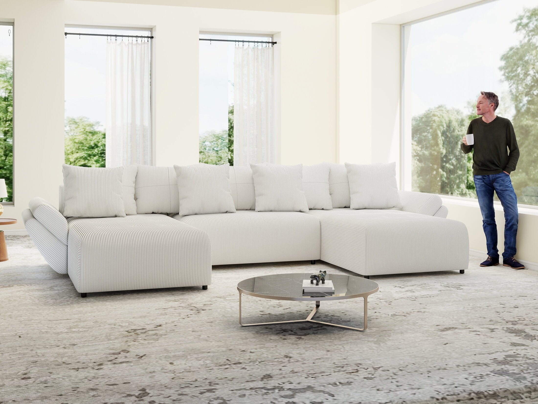 Colțar extensibil dumonde cu ladă de depozitare si sezut confortabil din spuma high-density, Berlin U Zoom Crem 400x185 cm