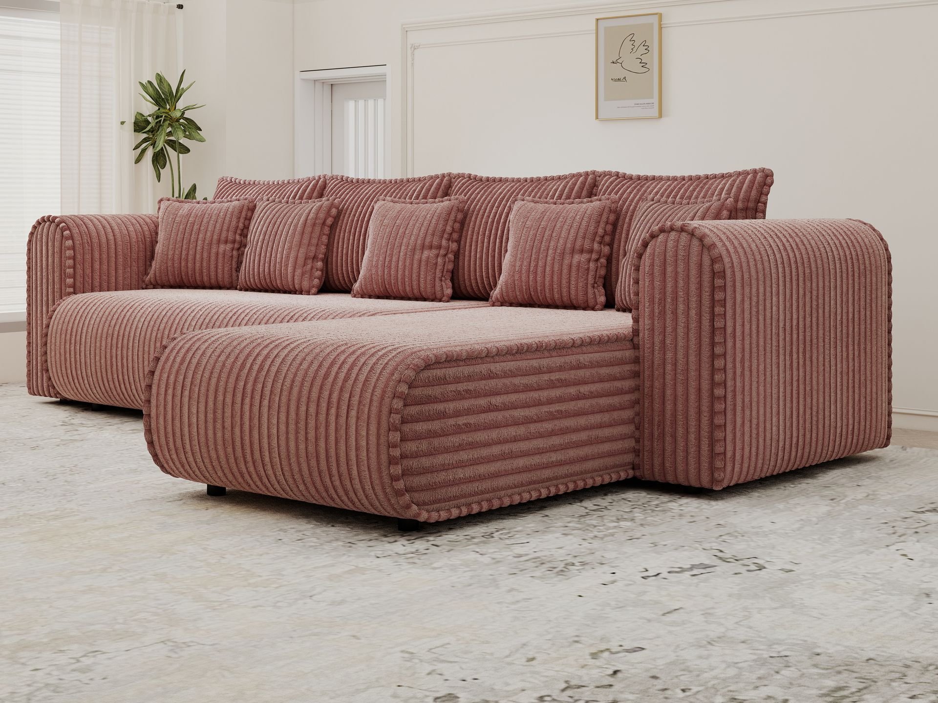 Colțar extensibil dumonde cu ladă de depozitare si sezut confortabil din spuma high-density, Monaco XL Tilia Roz II 340x185 cm