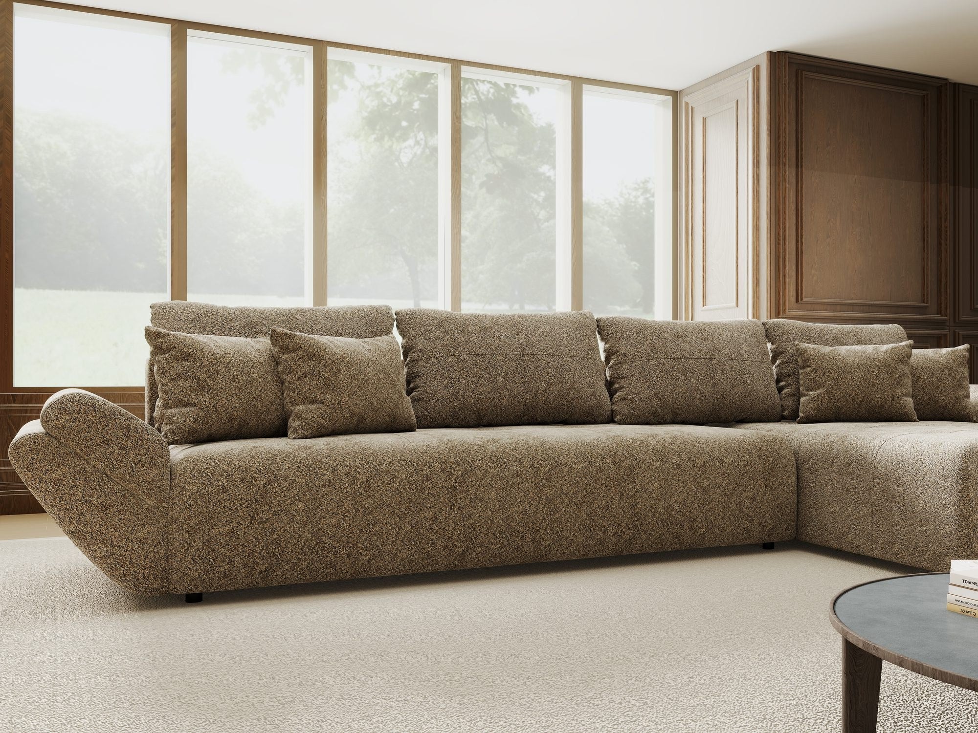 Colțar extensibil dumonde cu ladă de depozitare si sezut confortabil din spuma high-density, Berlin XL Arena Bej 4 II 350x185 cm
