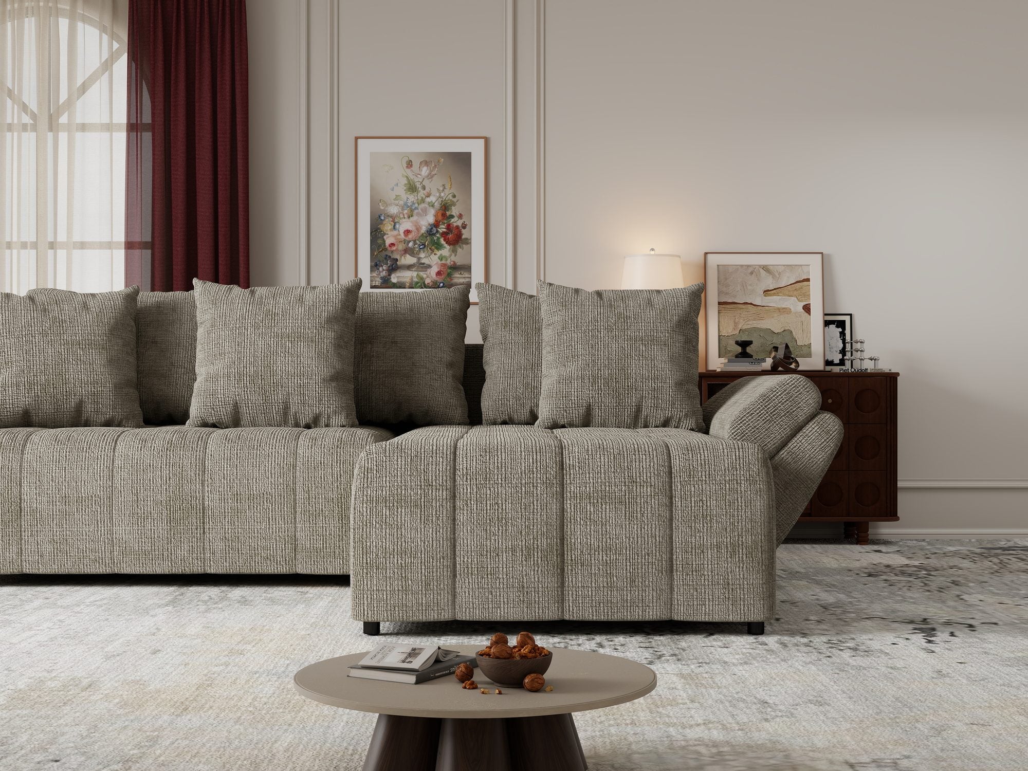 Colțar extensibil dumonde cu ladă de depozitare si sezut confortabil din spuma high-density, Berlin Cremona Bej 14 II 280x185 cm