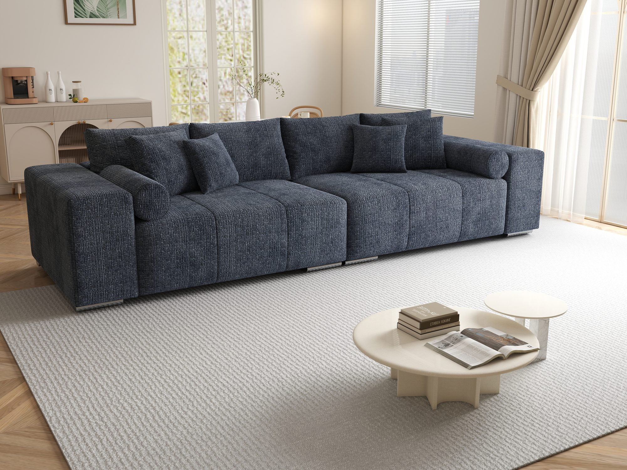 Canapea extensibilă dumonde cu ladă de depozitare si sezut confortabil din spuma high-density, Marbela XXL Cremona Albastru 79 290x100 cm