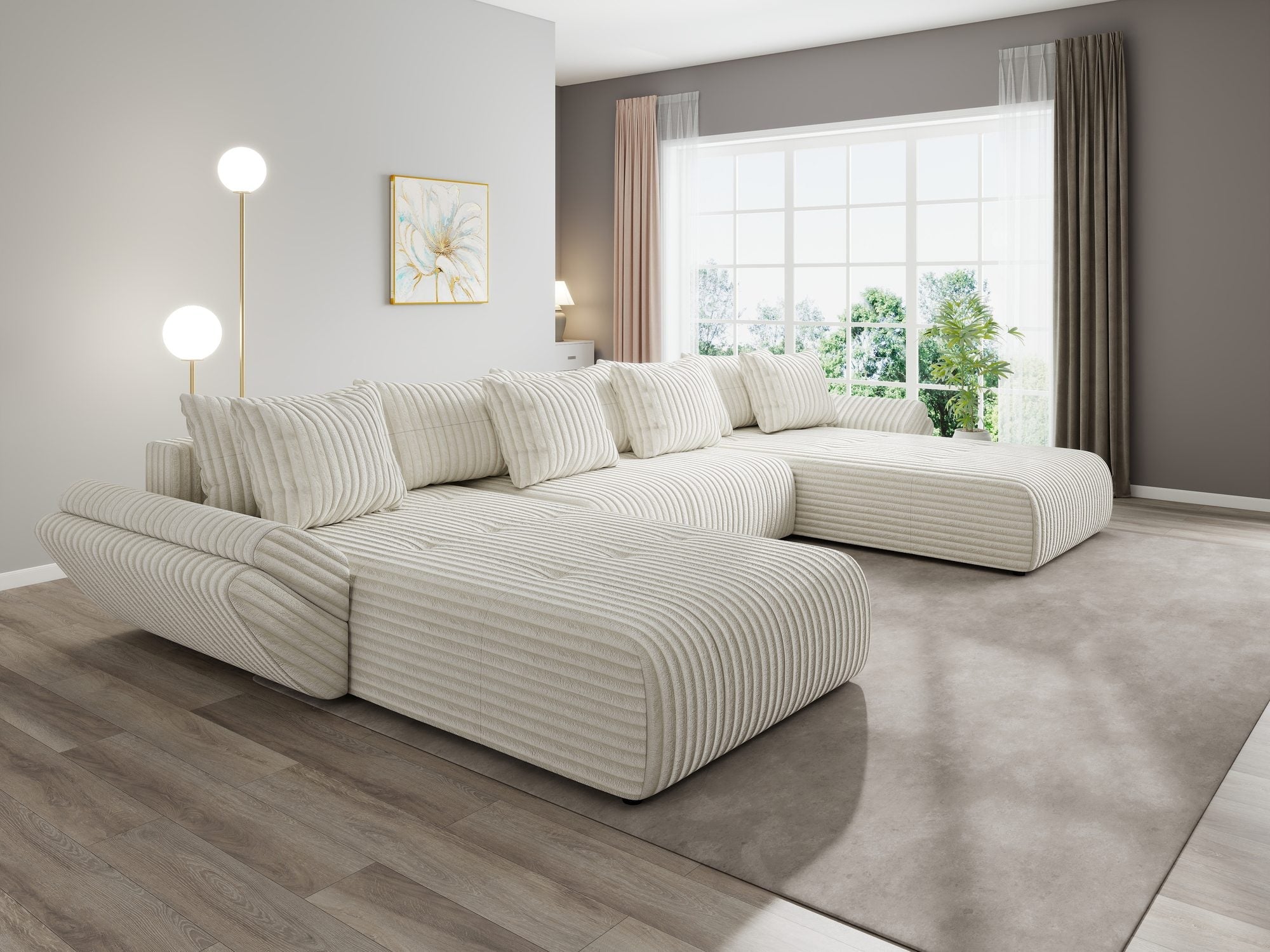 Colțar extensibil dumonde cu ladă de depozitare si sezut confortabil din spuma high-density, Berlin U Tilia Bej 01 380x180 cm
