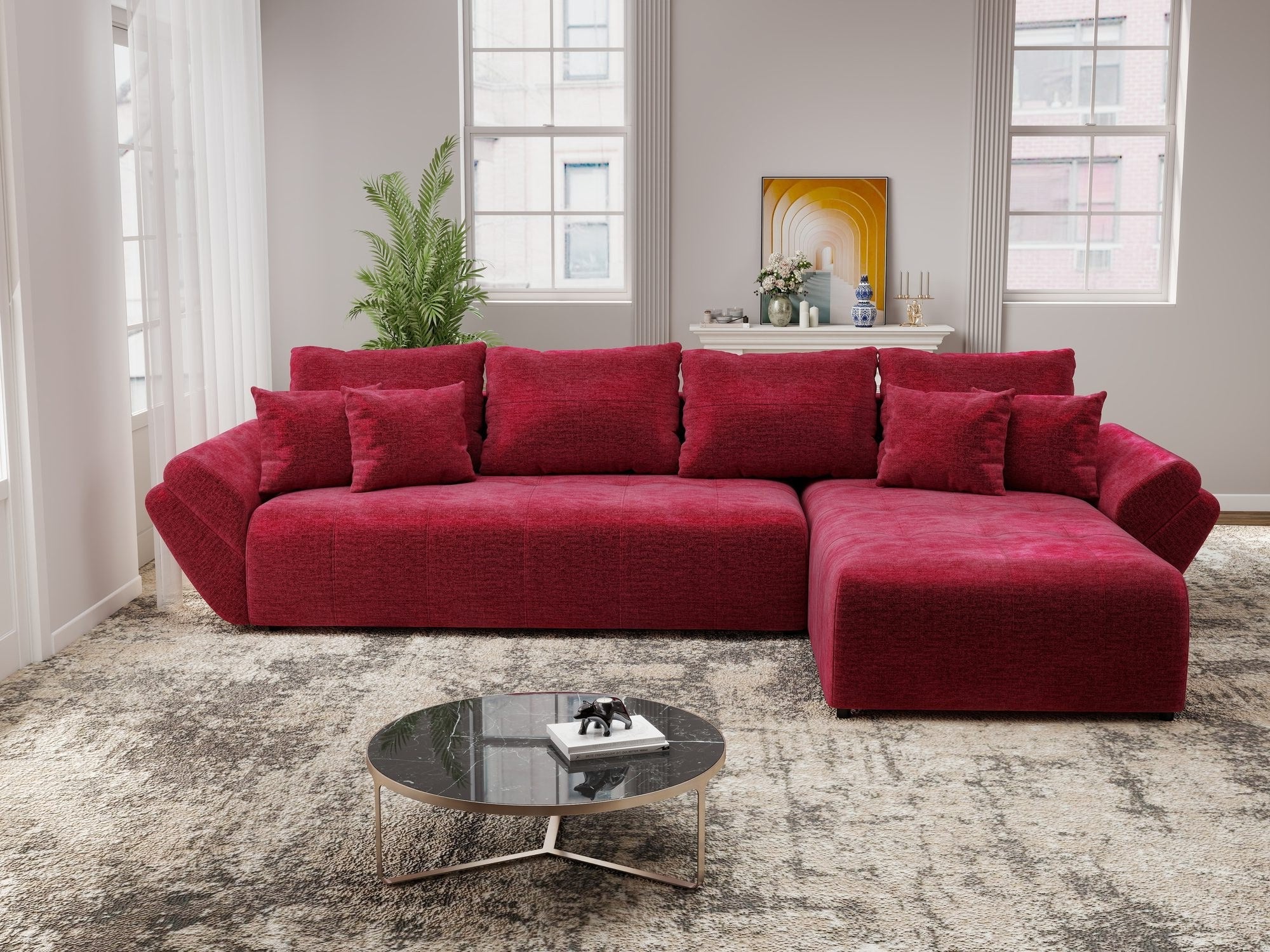 Colțar extensibil dumonde cu ladă de depozitare si sezut confortabil din spuma high-density, Berlin XL Monolith Rosu 59 II 350x185 cm