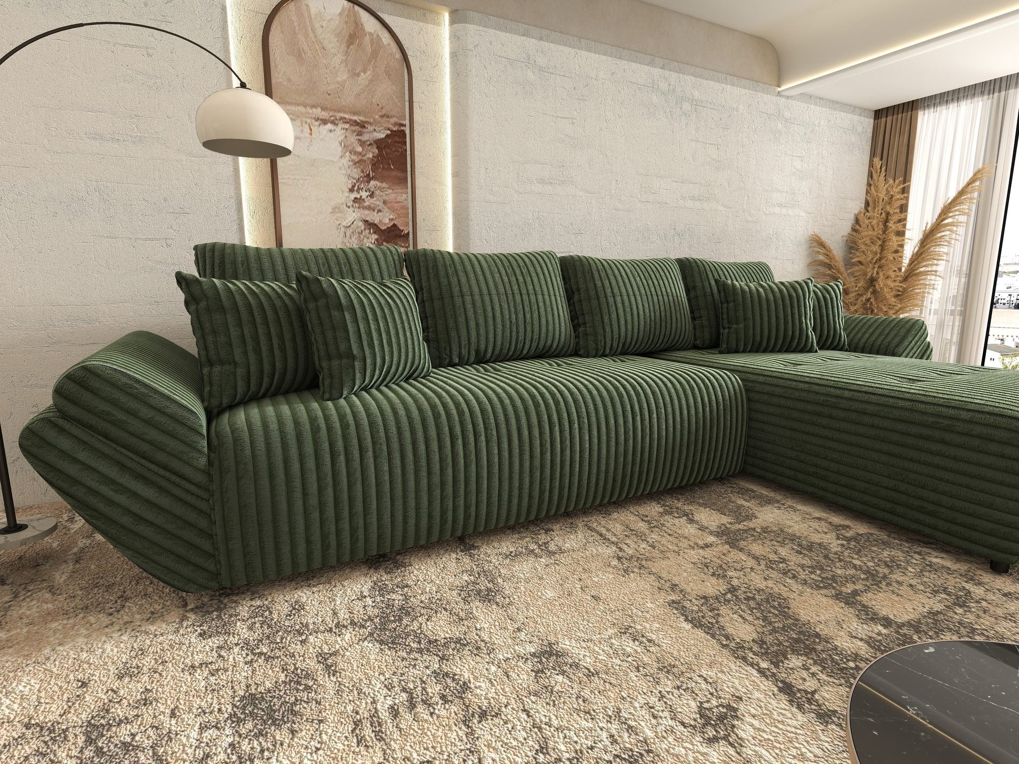 Colțar extensibil dumonde cu ladă de depozitare si sezut confortabil din spuma high-density, Berlin XL Tilia Verde 39 II 350x185 cm