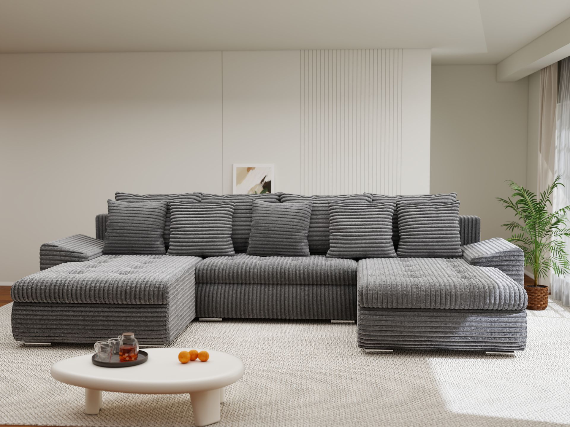 Colțar extensibil dumonde cu ladă de depozitare si sezut confortabil din spuma high-density, Leonardo U Tilia Gri 90 360x185 cm