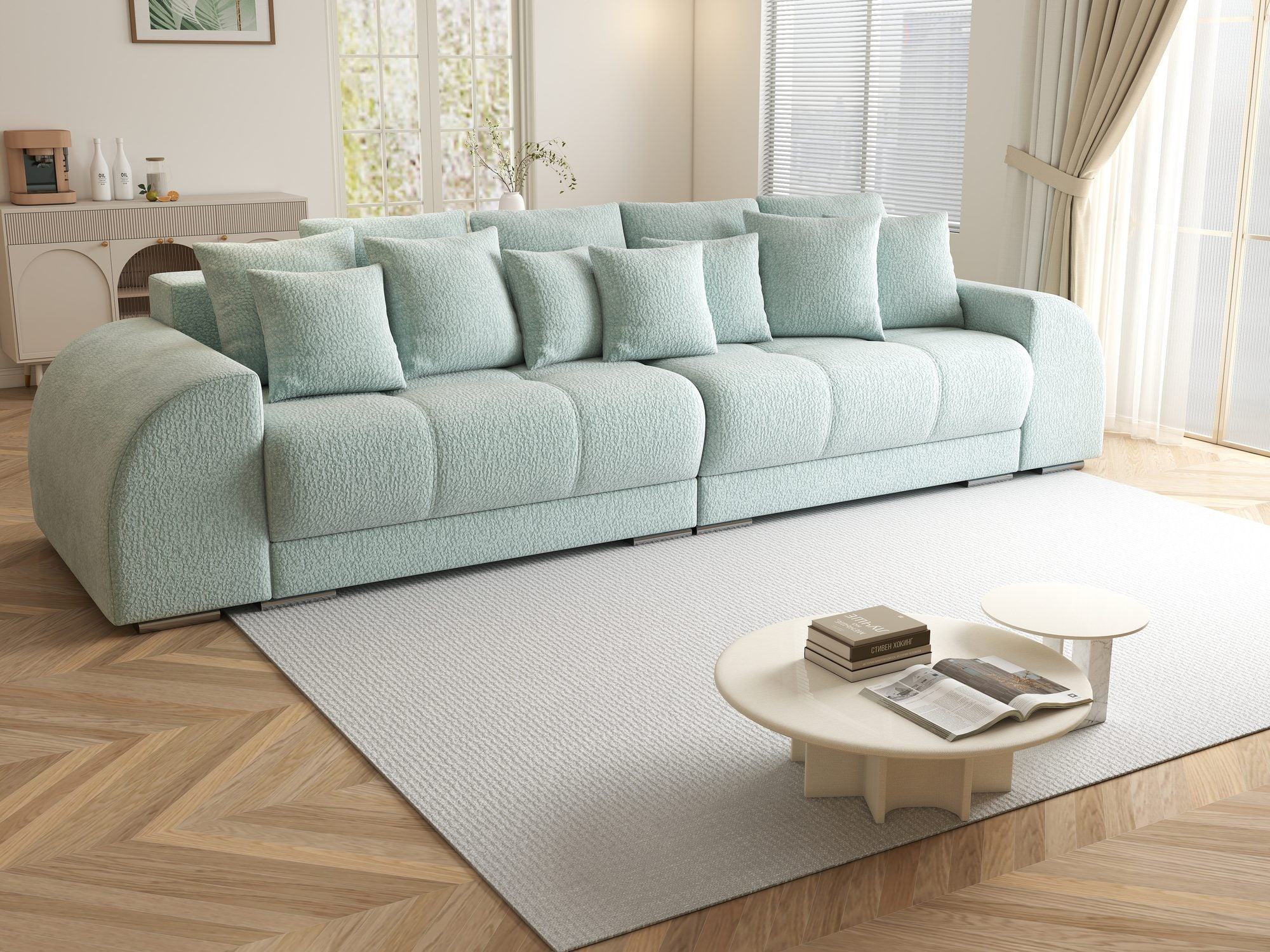 Canapea extensibilă dumonde cu 2 lăzi de depozitare si sezut confortabil din spuma high-density, Verona Jaguar Verde Mint 16 310x100 cm