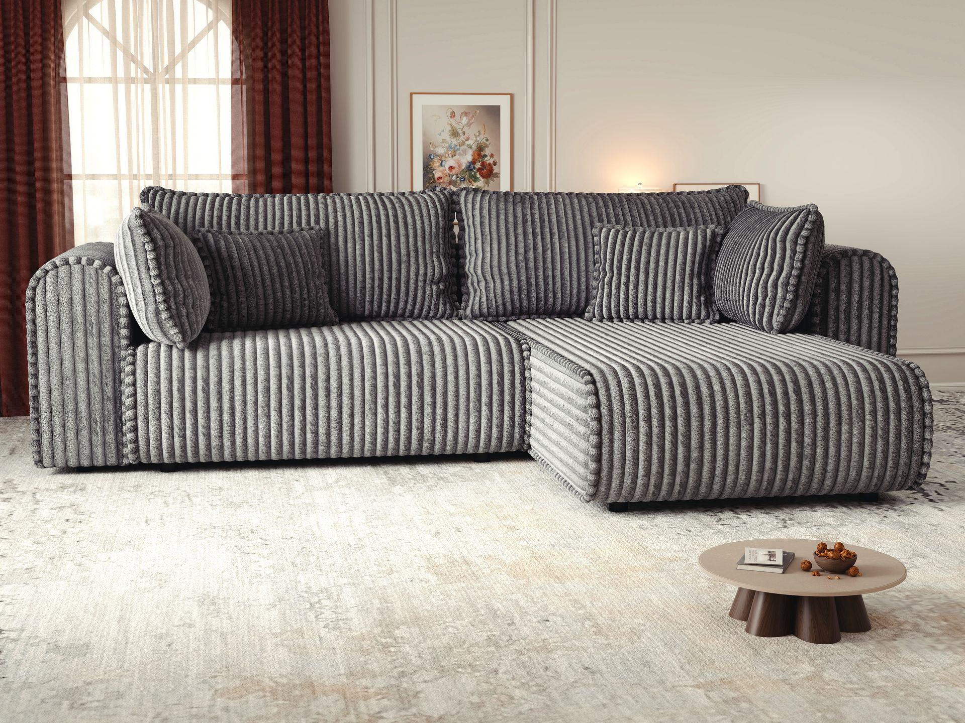 Colțar extensibil dumonde cu ladă de depozitare si sezut confortabil din spuma high-density, Monaco L Tilia Grafit II 270x100 cm