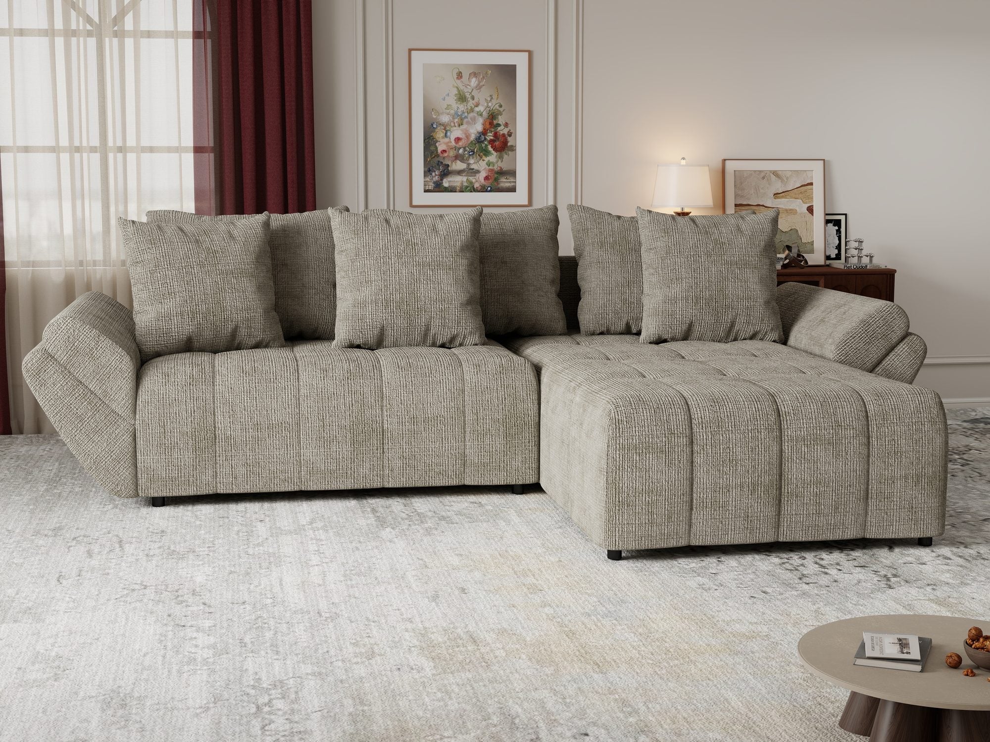 Colțar extensibil dumonde cu ladă de depozitare si sezut confortabil din spuma high-density, Berlin Cremona Bej 14 II 280x185 cm
