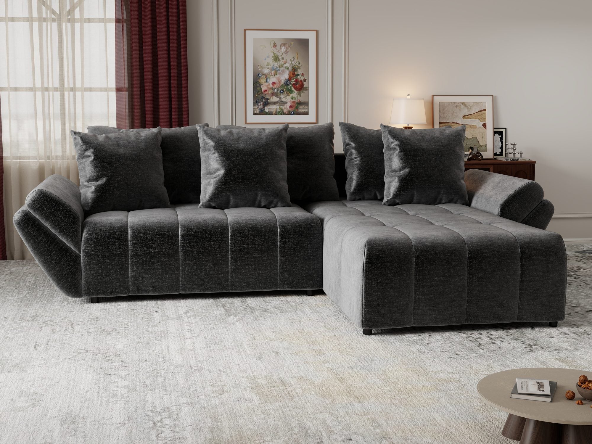 Colțar extensibil dumonde cu ladă de depozitare si sezut confortabil din spuma high-density, Berlin Monolith Gri Antracit 97 II 280x185 cm