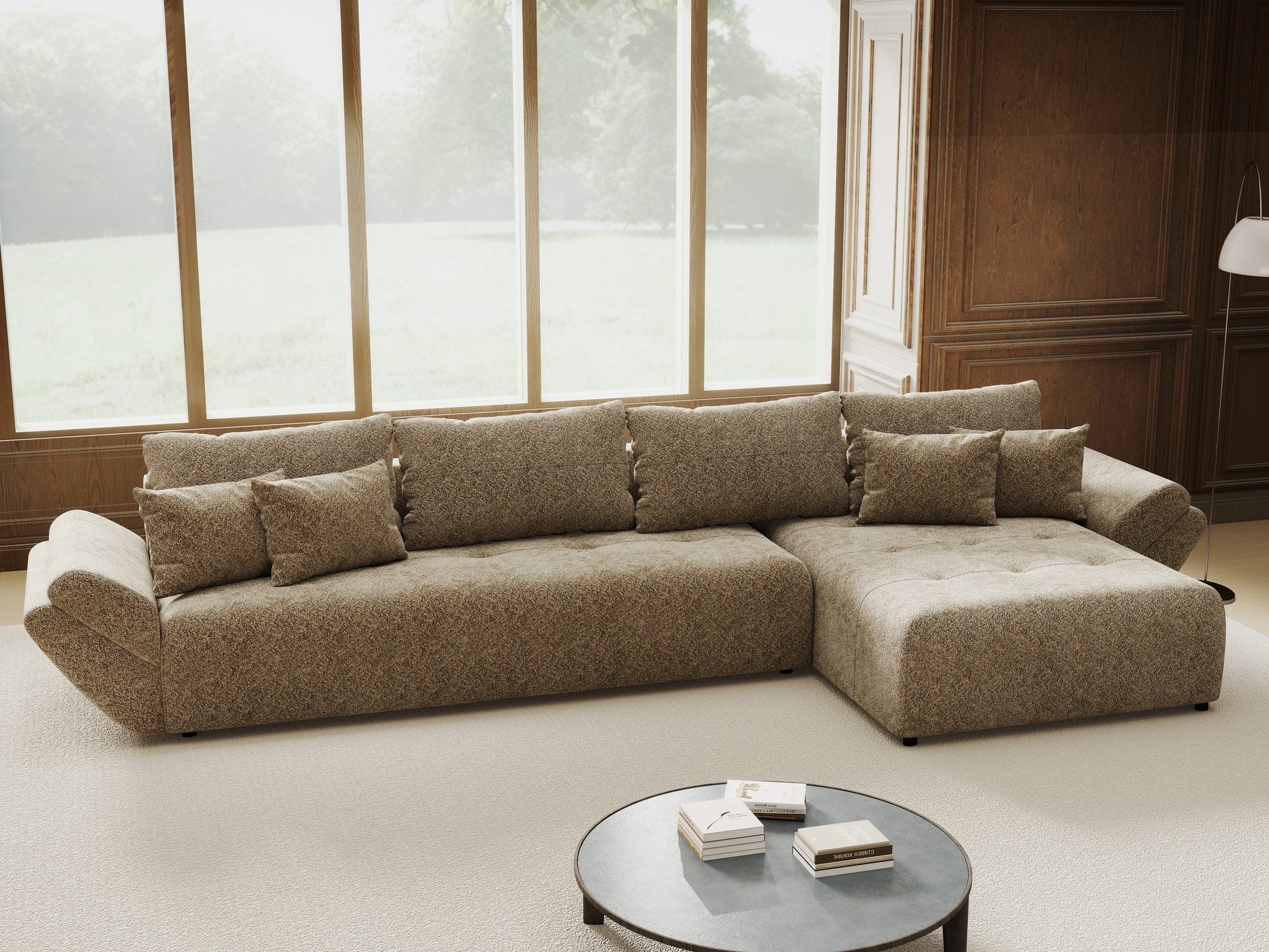 Colțar extensibil dumonde cu ladă de depozitare si sezut confortabil din spuma high-density, Berlin XL Arena Bej 4 II 350x185 cm