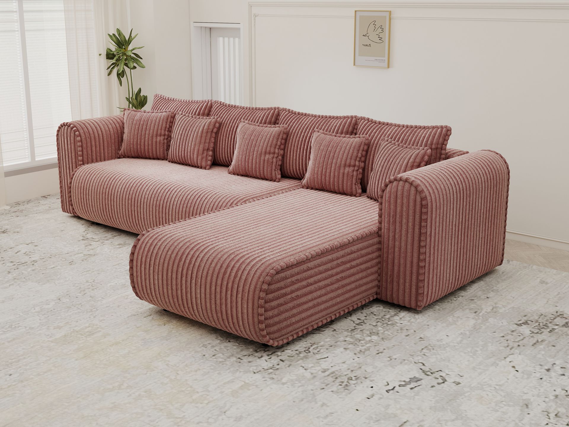 Colțar extensibil dumonde cu ladă de depozitare si sezut confortabil din spuma high-density, Monaco XL Tilia Roz II 340x185 cm