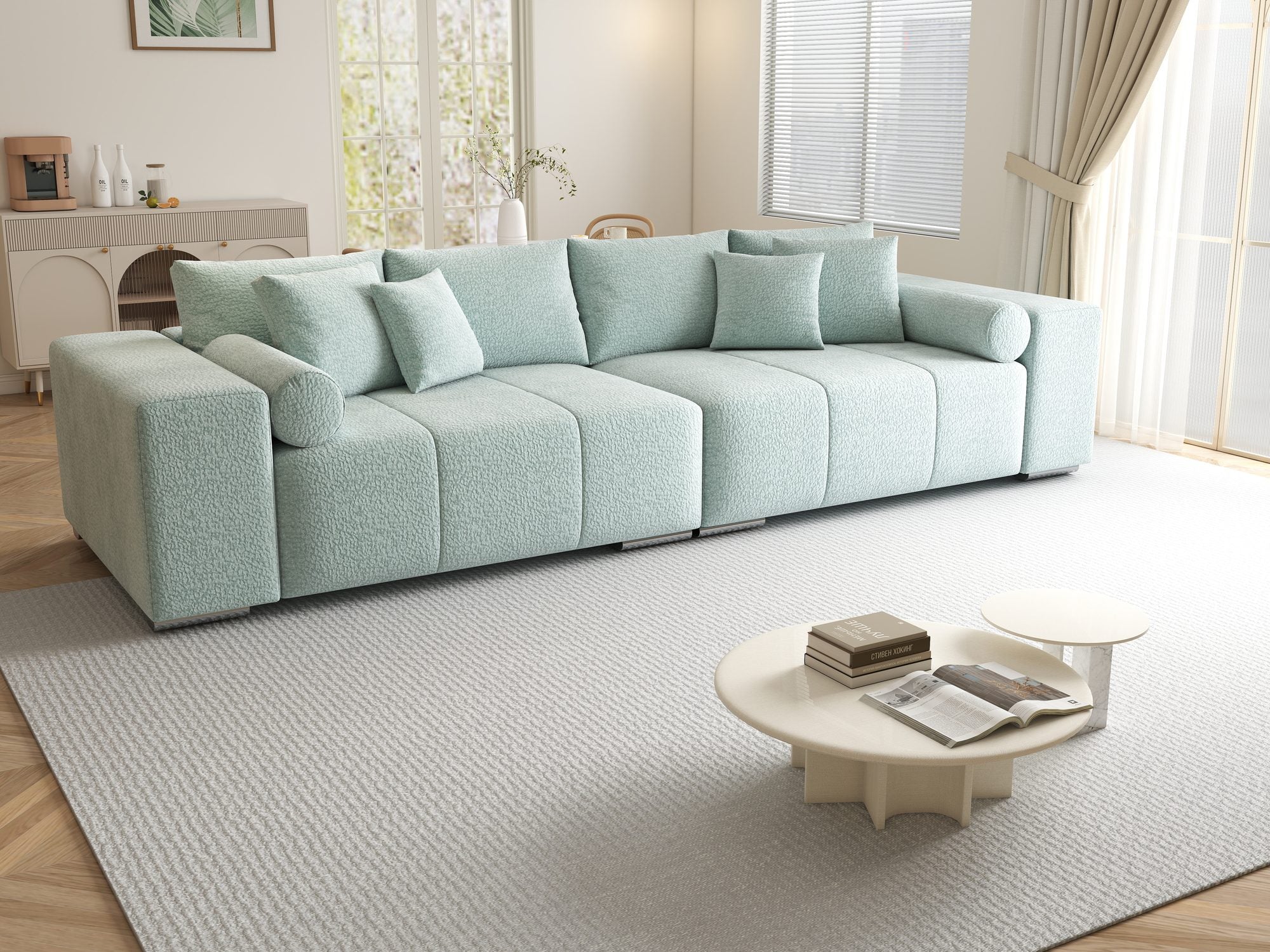 Canapea extensibilă dumonde cu ladă de depozitare si sezut confortabil din spuma high-density, Marbela XXL Jaguar Verde Mint 16 290x100 cm