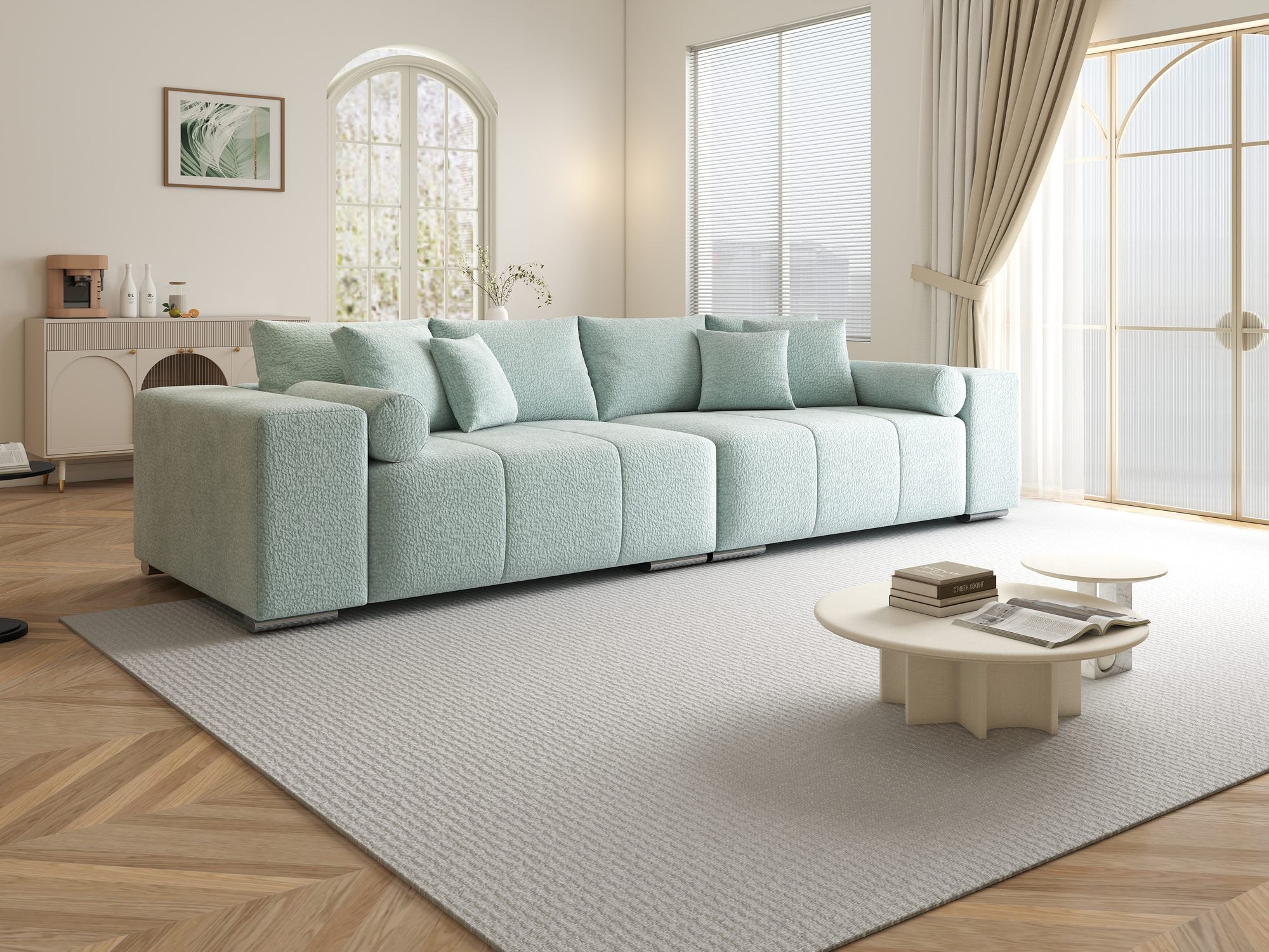 Canapea extensibilă dumonde cu ladă de depozitare si sezut confortabil din spuma high-density, Marbela XXL Jaguar Verde Mint 16 290x100 cm