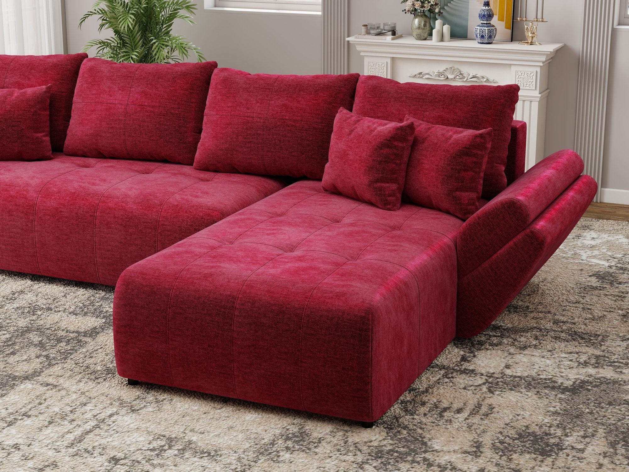 Colțar extensibil dumonde cu ladă de depozitare si sezut confortabil din spuma high-density, Berlin XL Monolith Rosu 59 II 350x185 cm