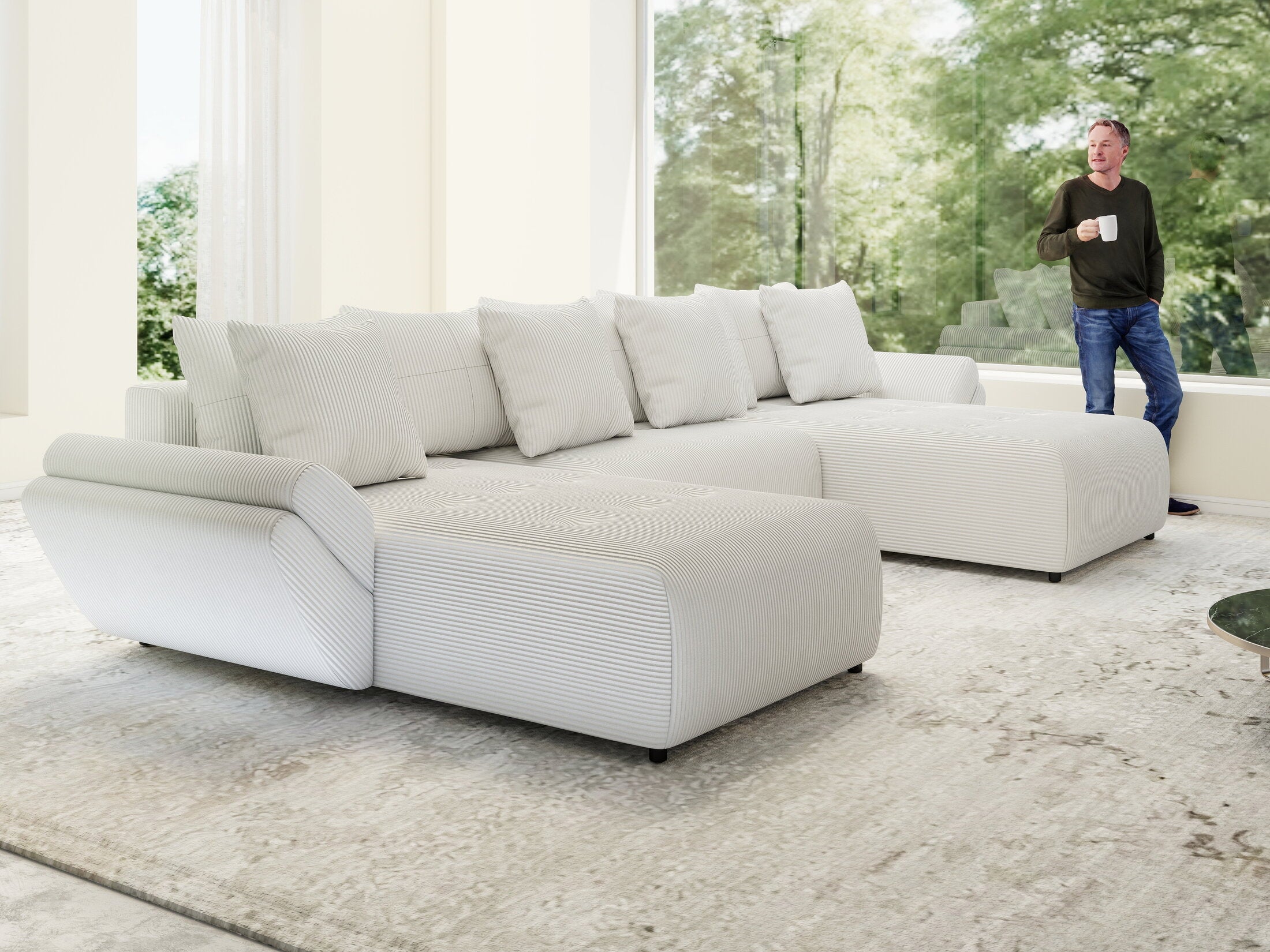 Colțar extensibil dumonde cu ladă de depozitare si sezut confortabil din spuma high-density, Berlin U Zoom Crem 400x185 cm