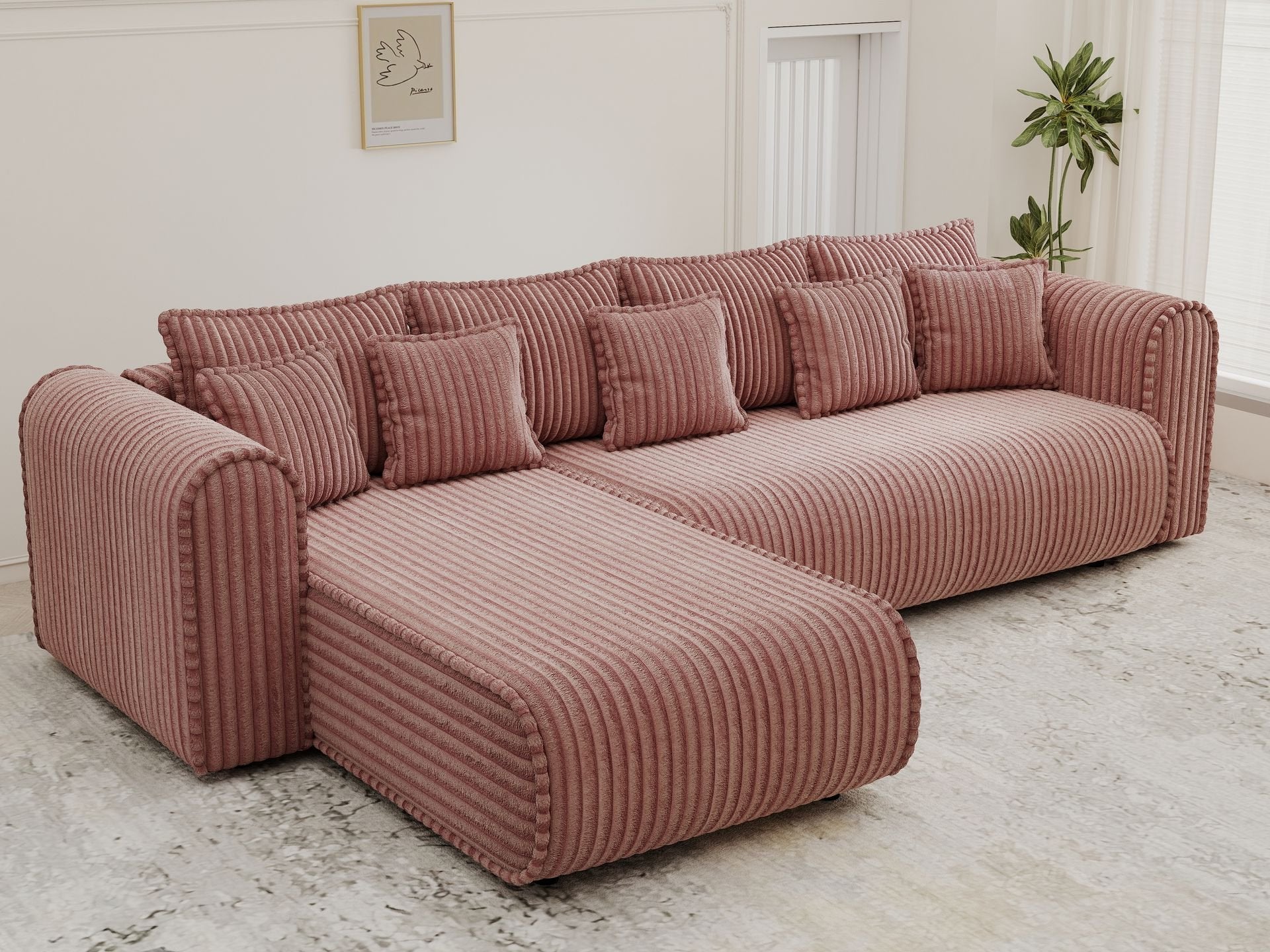 Colțar extensibil dumonde cu ladă de depozitare si sezut confortabil din spuma high-density, Monaco XL Tilia Roz 340x185 cm