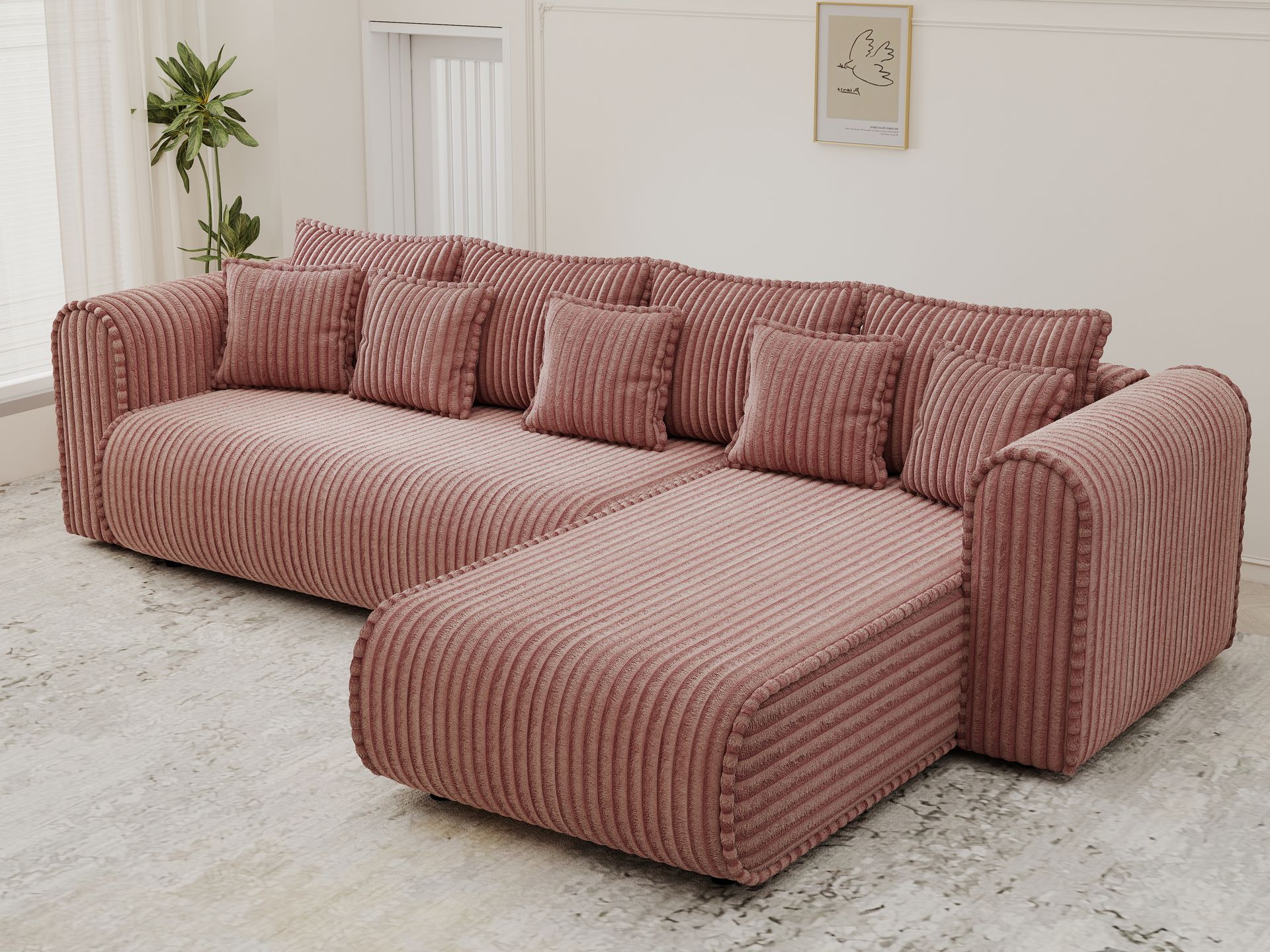 Colțar extensibil dumonde cu ladă de depozitare si sezut confortabil din spuma high-density, Monaco XL Tilia Roz II 340x185 cm