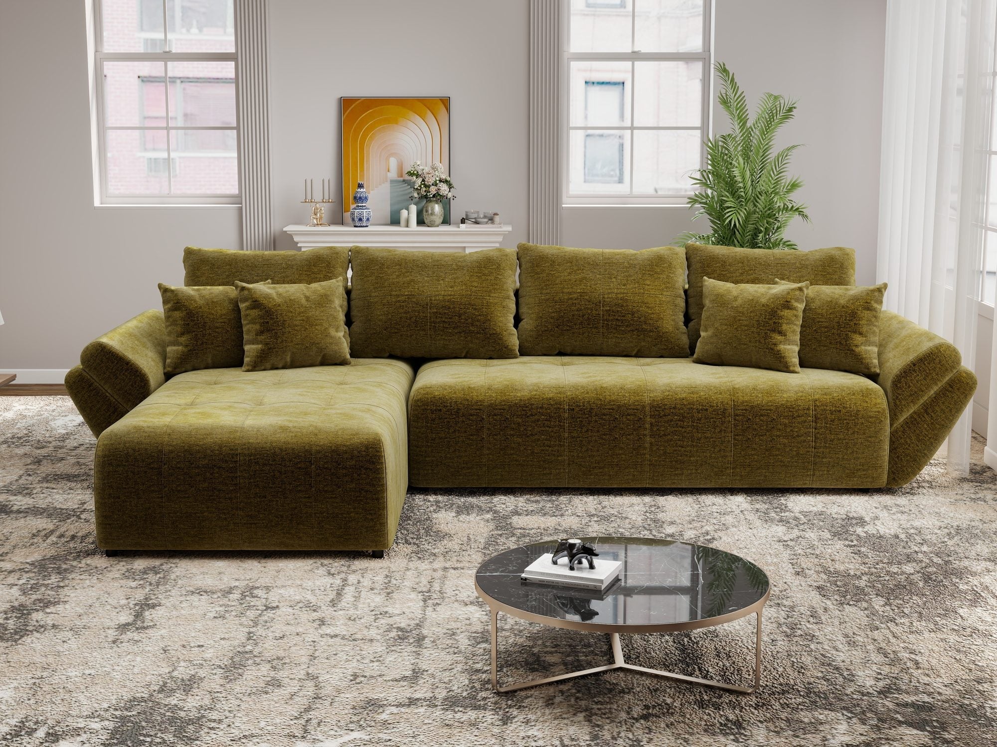 Colțar extensibil dumonde cu ladă de depozitare si sezut confortabil din spuma high-density, Berlin XL Monolith Verde Olive 38 350x185 cm