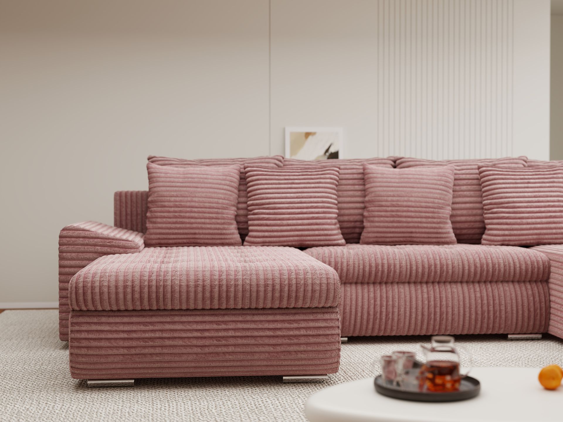 Colțar extensibil dumonde cu ladă de depozitare si sezut confortabil din spuma high-density, Leonardo U Tilia Roz Pudrat 62 360x185 cm