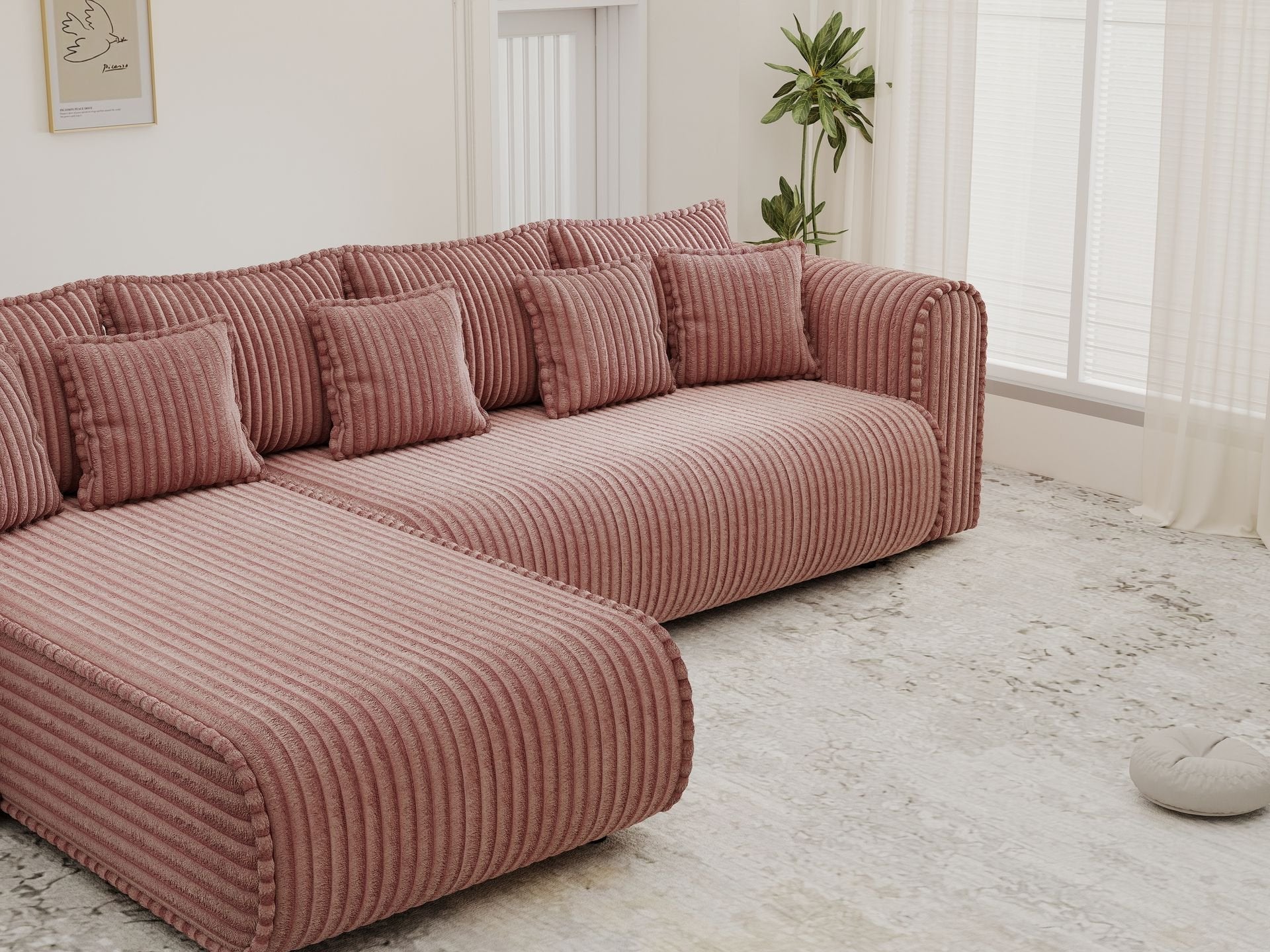 Colțar extensibil dumonde cu ladă de depozitare si sezut confortabil din spuma high-density, Monaco XL Tilia Roz 340x185 cm
