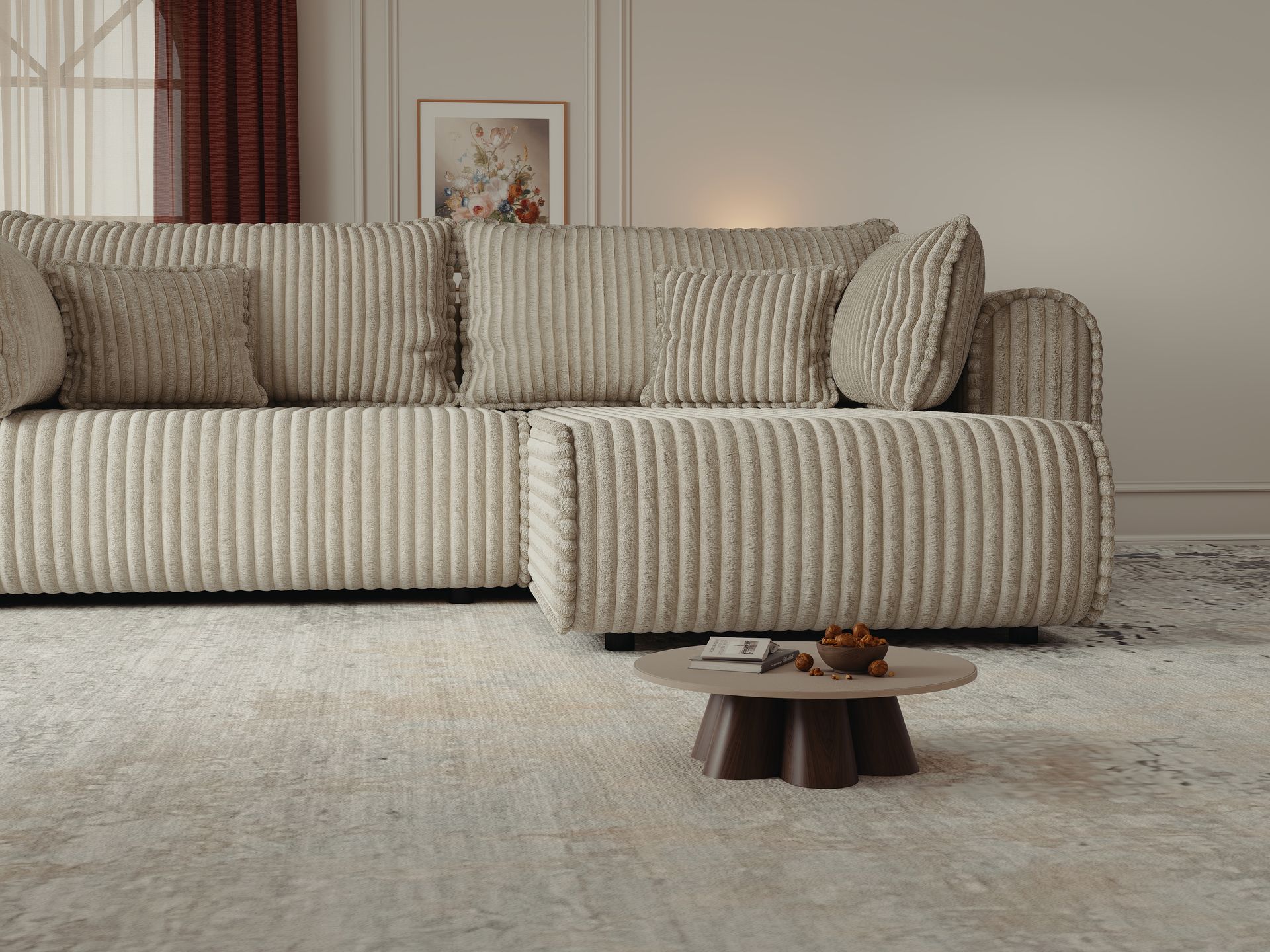 Colțar extensibil dumonde cu ladă de depozitare si sezut confortabil din spuma high-density, Monaco L Tilia Bej II 270x100 cm