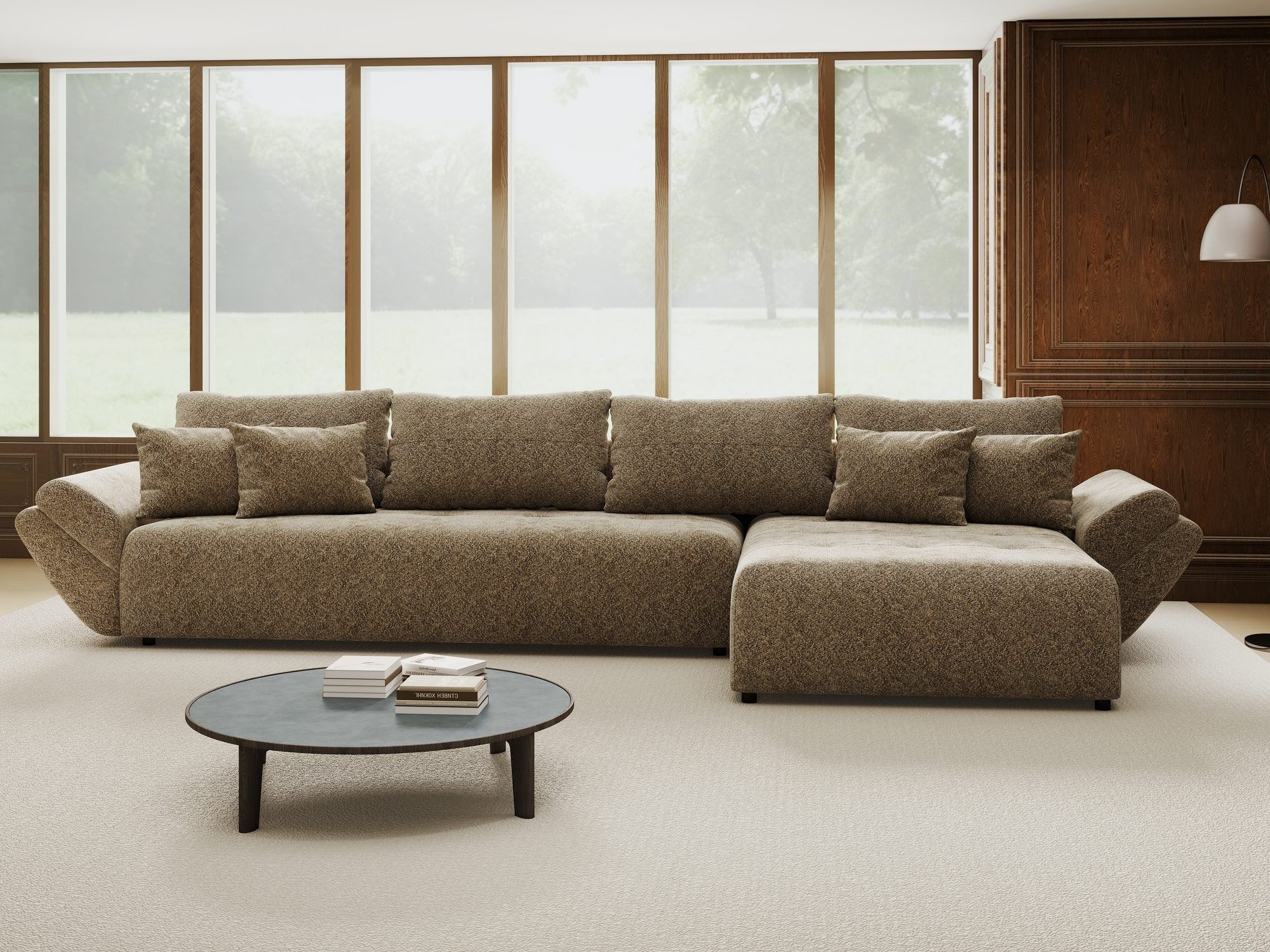 Colțar extensibil dumonde cu ladă de depozitare si sezut confortabil din spuma high-density, Berlin XL Arena Bej 4 II 350x185 cm