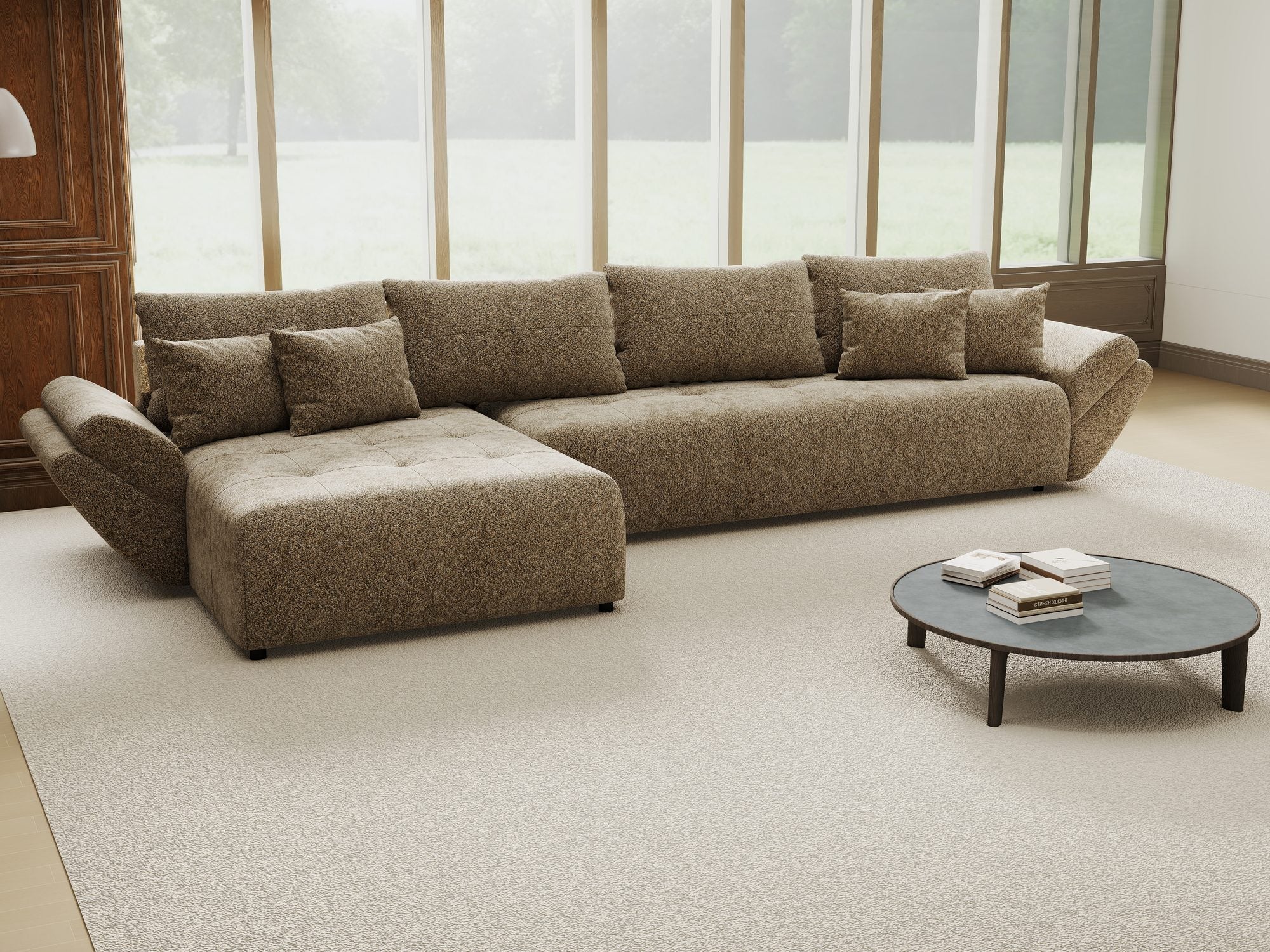 Colțar extensibil dumonde cu ladă de depozitare si sezut confortabil din spuma high-density, Berlin XL Arena Bej 4 350x185 cm