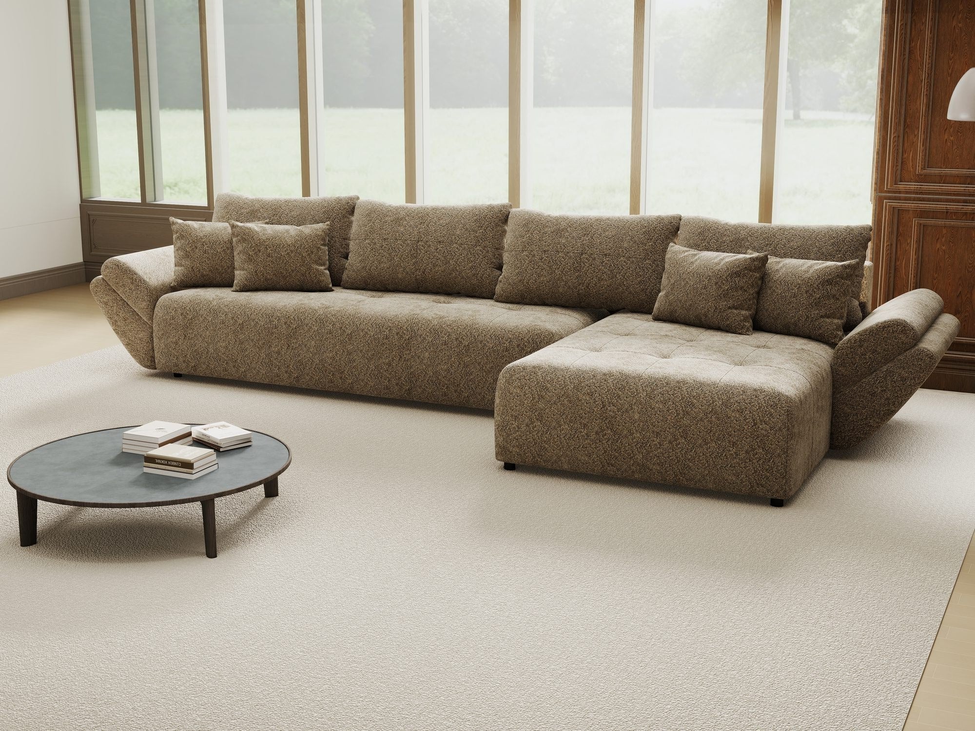 Colțar extensibil dumonde cu ladă de depozitare si sezut confortabil din spuma high-density, Berlin XL Arena Bej 4 II 350x185 cm