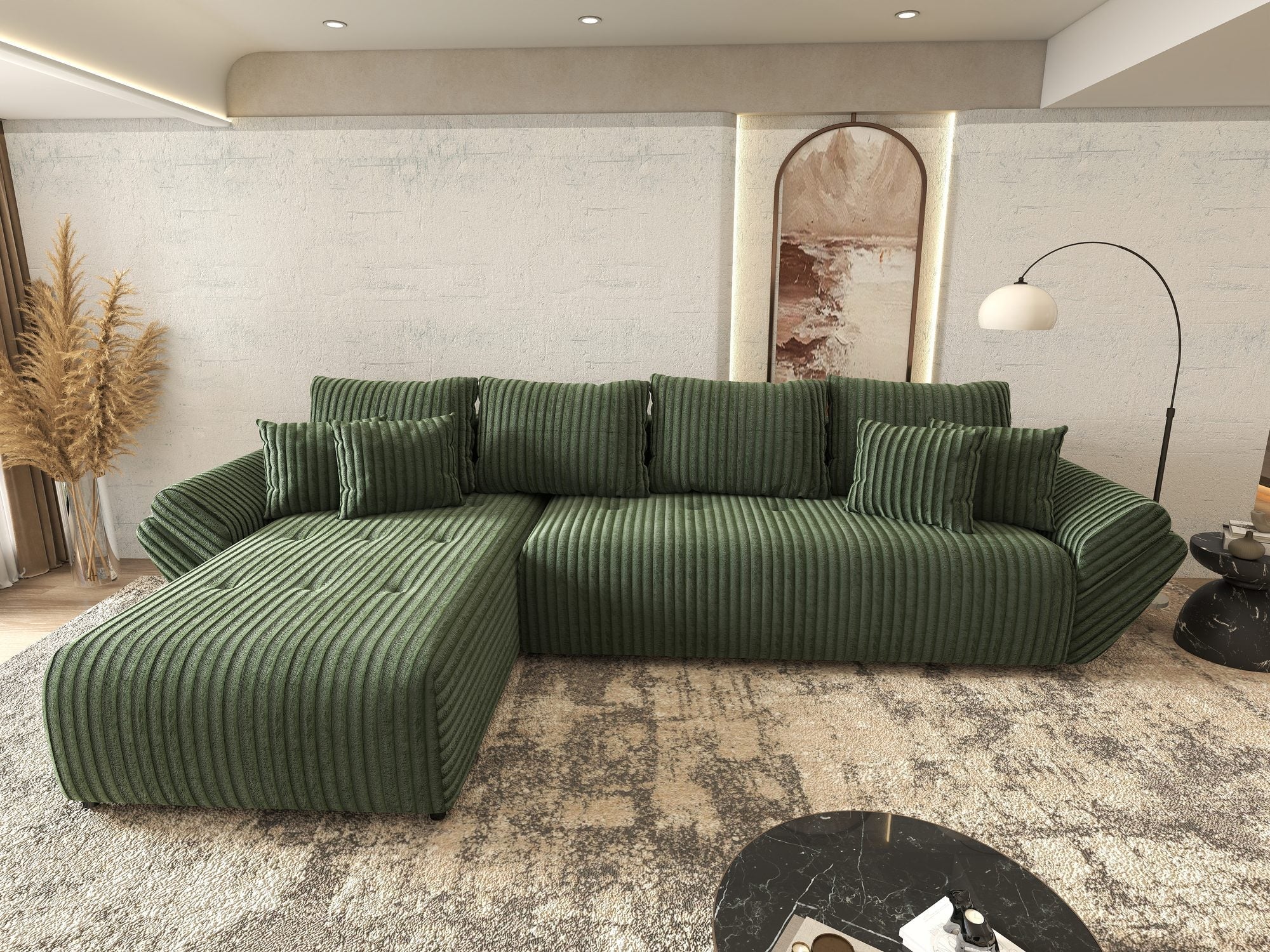 Colțar extensibil dumonde cu ladă de depozitare si sezut confortabil din spuma high-density, Berlin XL Tilia Verde 39 350x185 cm