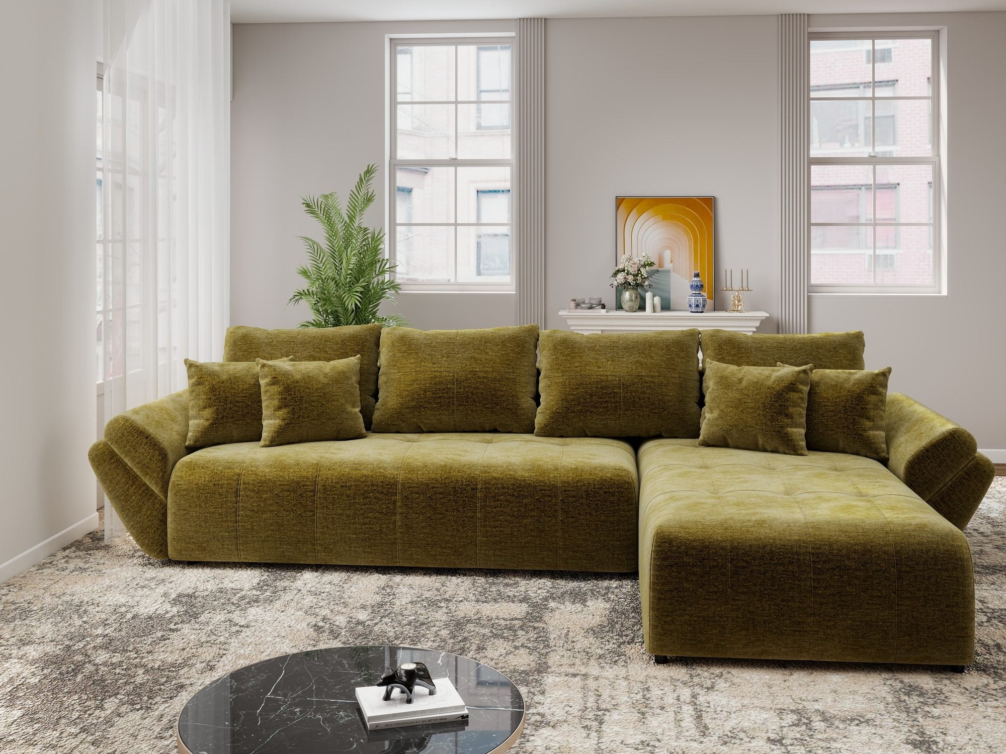 Colțar extensibil dumonde cu ladă de depozitare si sezut confortabil din spuma high-density, Berlin XL Monolith Verde Olive 38 II 350x185 cm