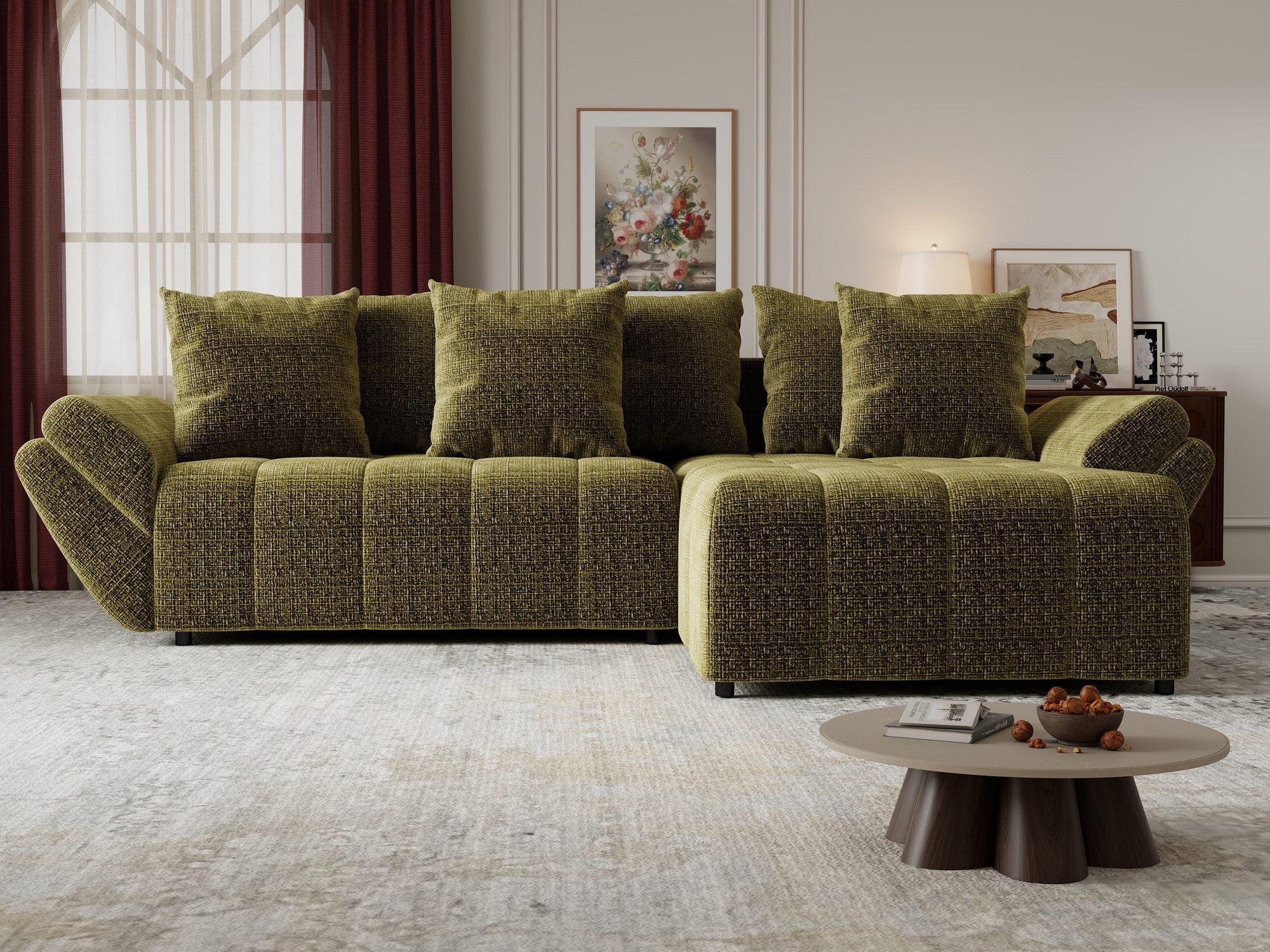 Colțar extensibil dumonde cu ladă de depozitare si sezut confortabil din spuma high-density, Berlin Monolith Verde Olive 38 II 280x185 cm