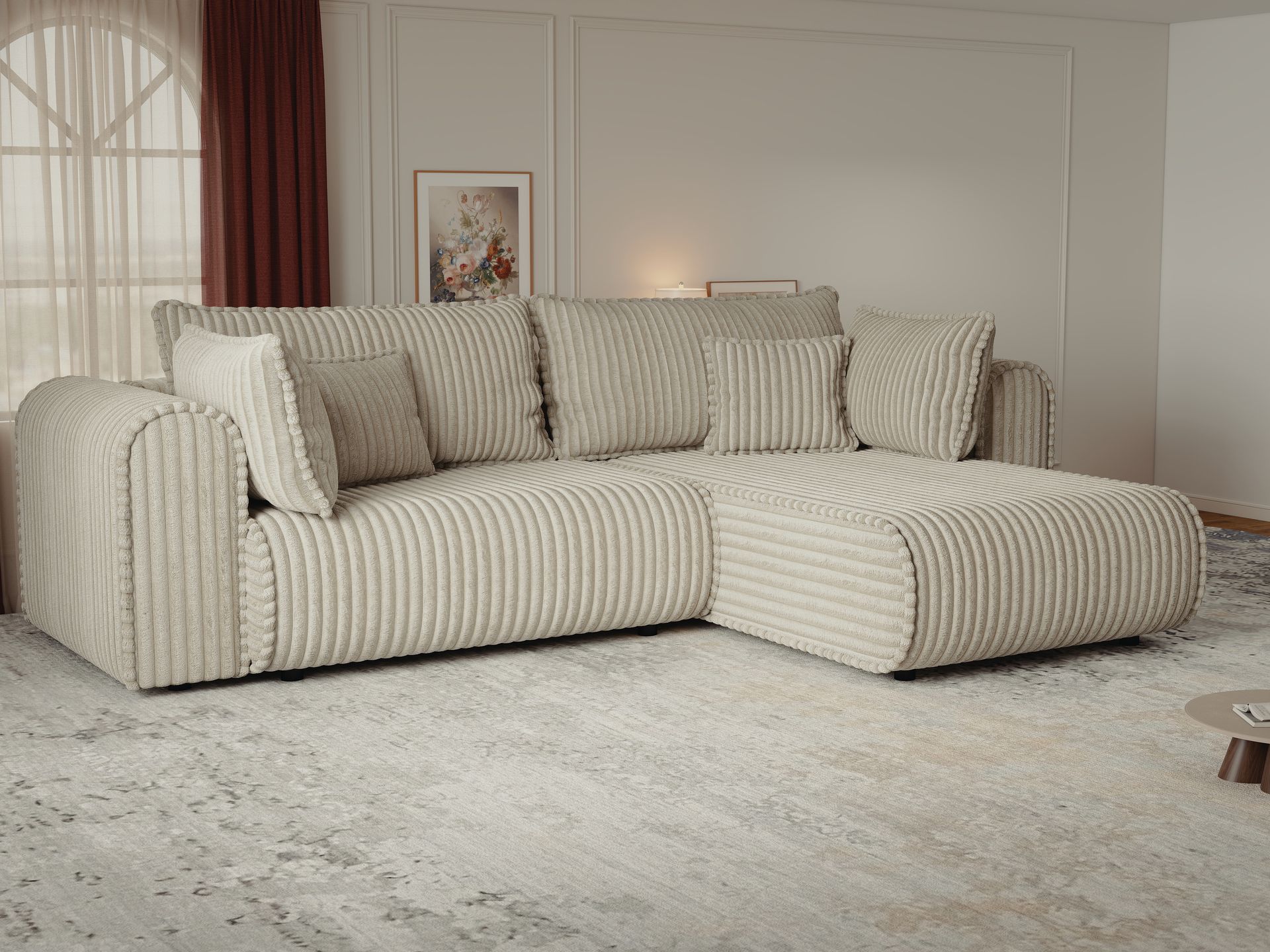 Colțar extensibil dumonde cu ladă de depozitare si sezut confortabil din spuma high-density, Monaco L Tilia Bej II 270x100 cm