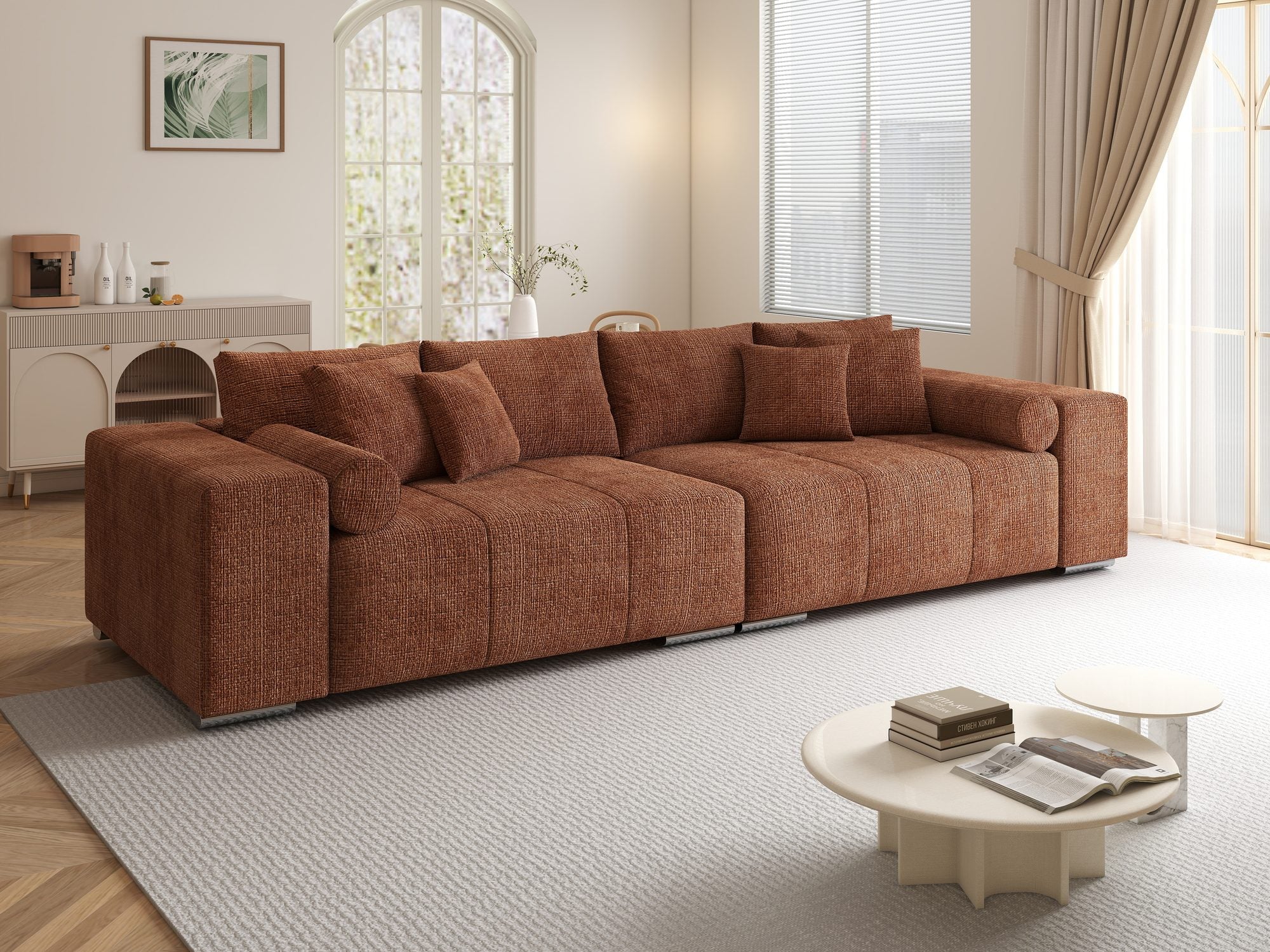 Canapea extensibilă dumonde cu ladă de depozitare si sezut confortabil din spuma high-density, Marbela XXL Cremona Teracota 52 290x100 cm