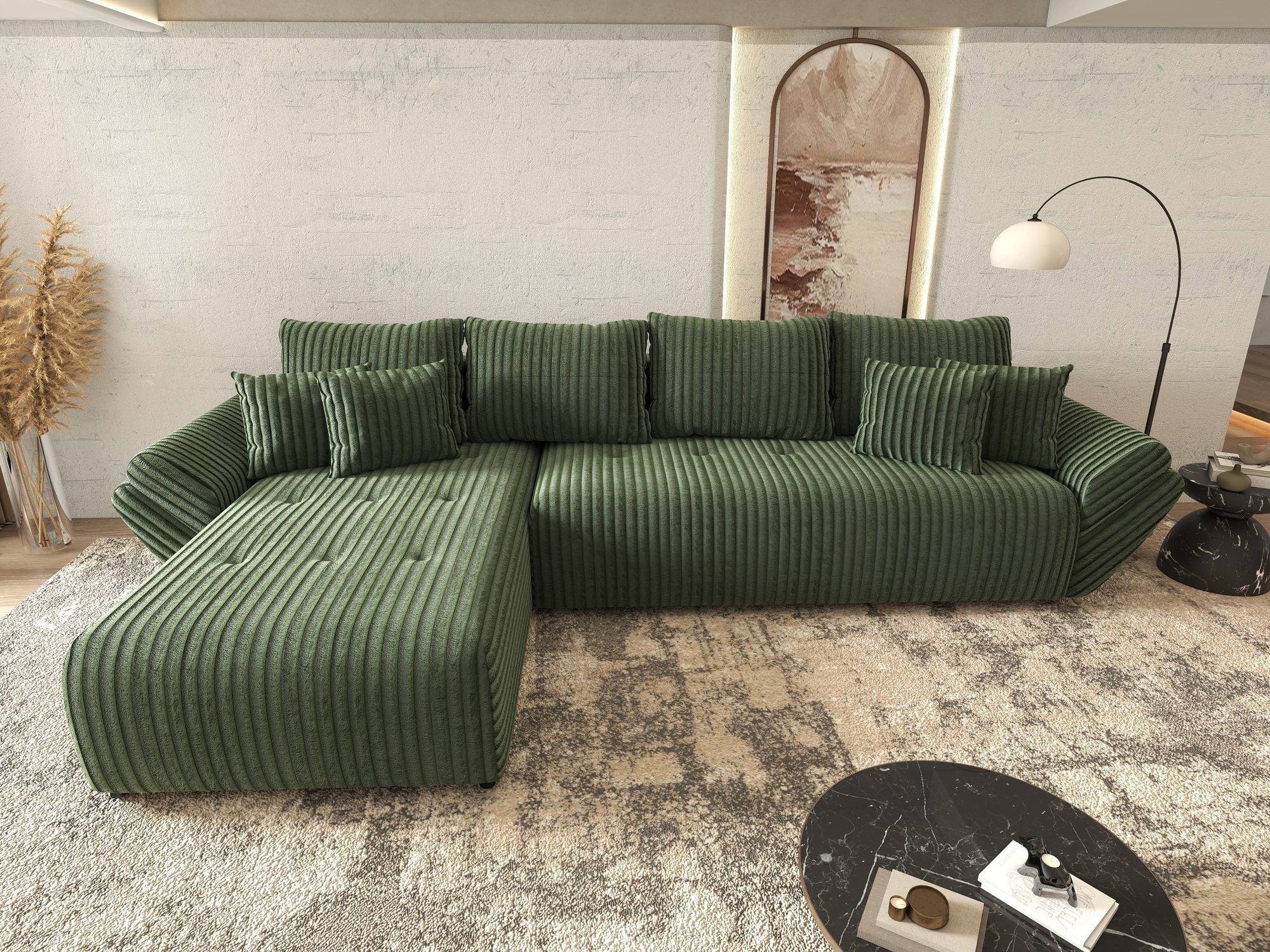 Colțar extensibil dumonde cu ladă de depozitare si sezut confortabil din spuma high-density, Berlin XL Tilia Verde 39 350x185 cm