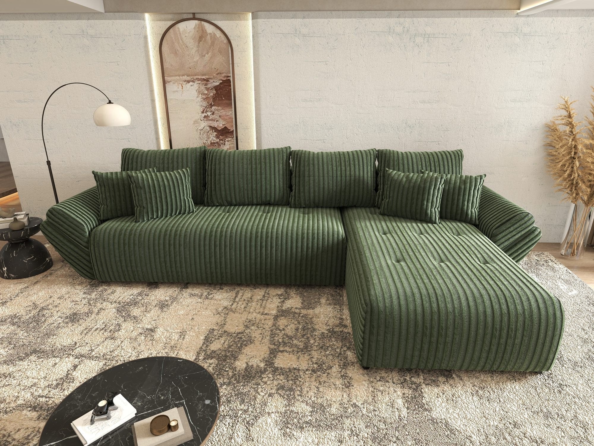 Colțar extensibil dumonde cu ladă de depozitare si sezut confortabil din spuma high-density, Berlin XL Tilia Verde 39 II 350x185 cm