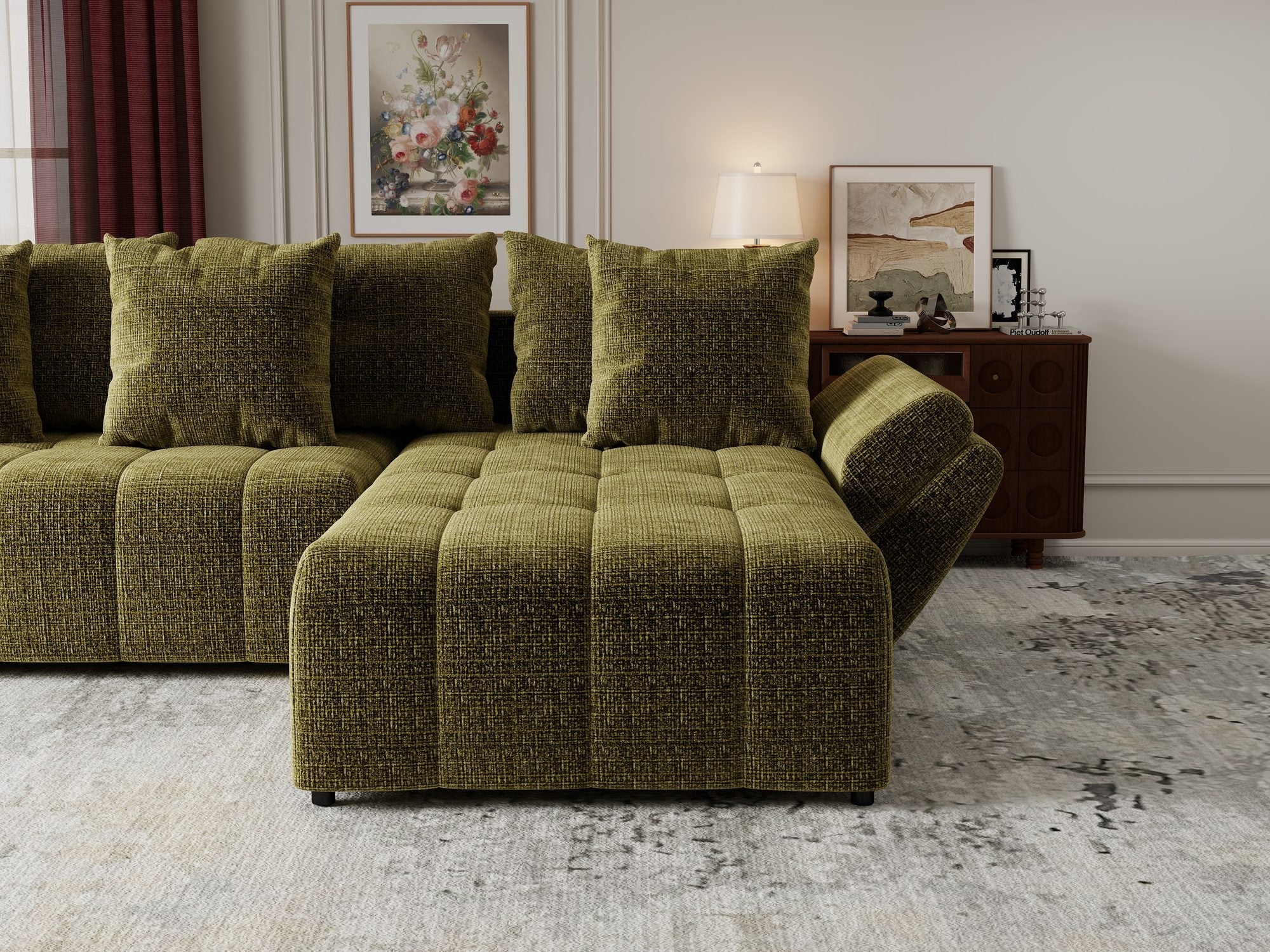 Colțar extensibil dumonde cu ladă de depozitare si sezut confortabil din spuma high-density, Berlin Monolith Verde Olive 38 II 280x185 cm