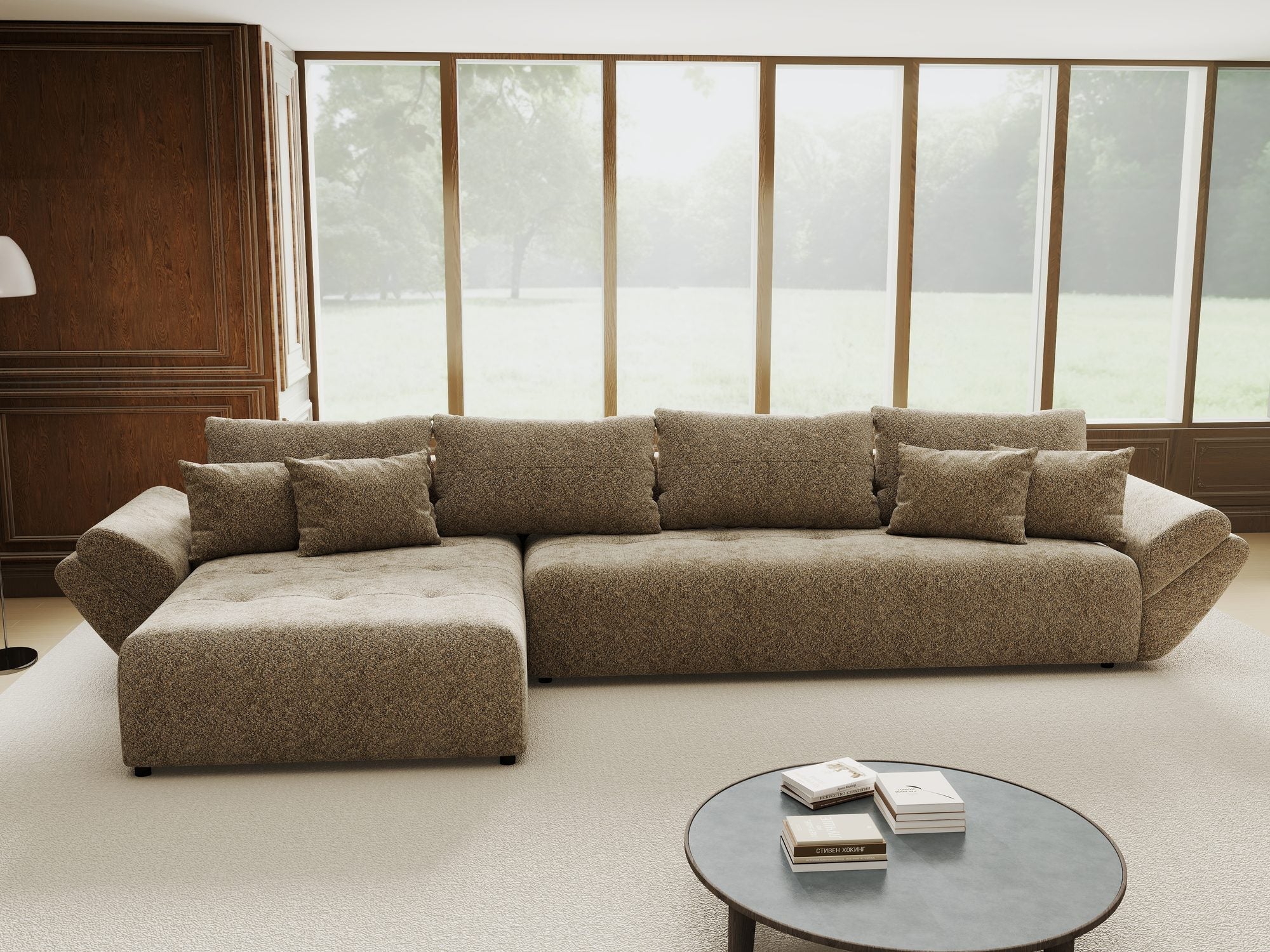 Colțar extensibil dumonde cu ladă de depozitare si sezut confortabil din spuma high-density, Berlin XL Arena Bej 4 350x185 cm