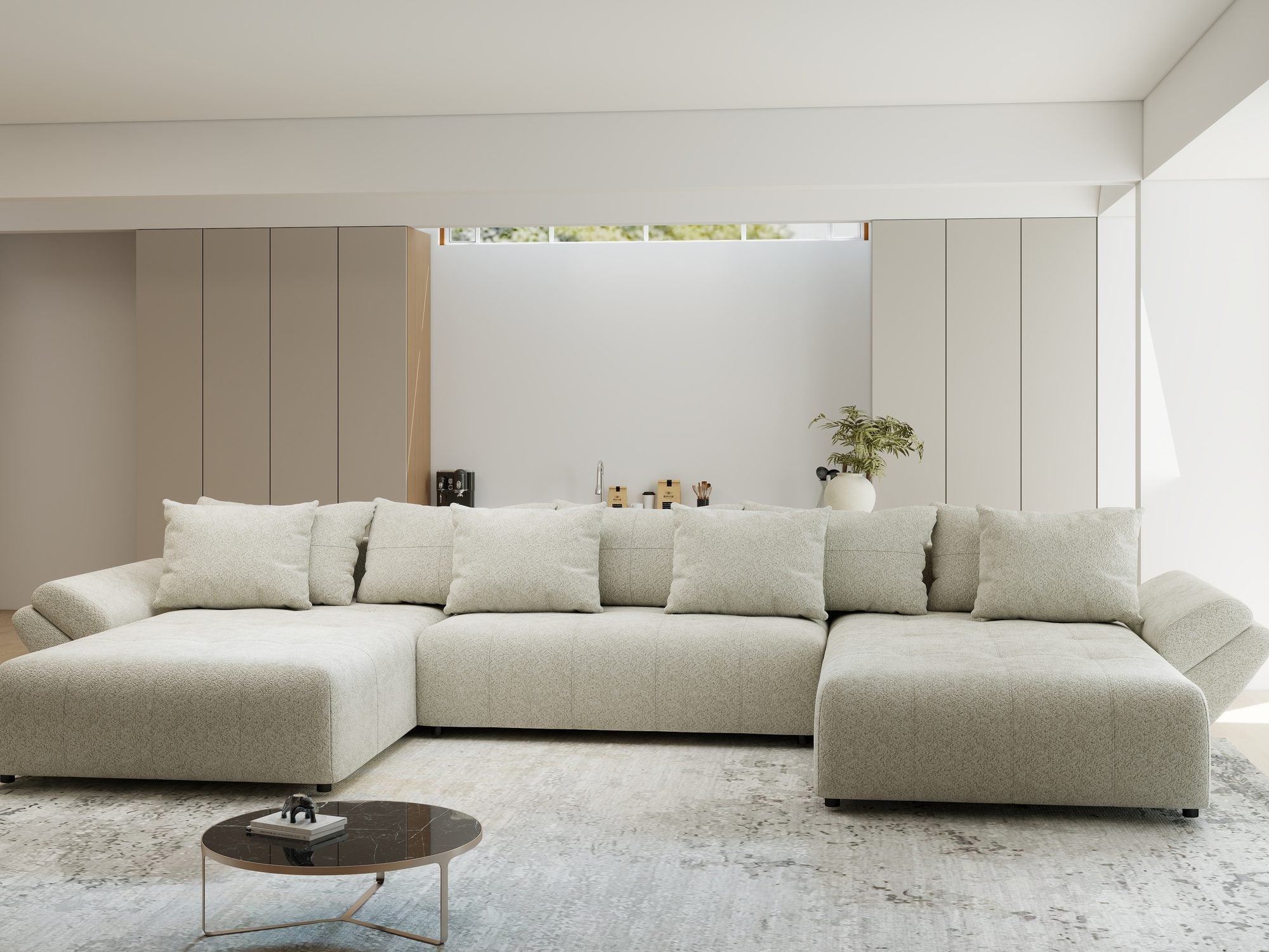 Colțar extensibil dumonde cu ladă de depozitare si sezut confortabil din spuma high-density, Berlin U Arena Bej 20 380x180 cm