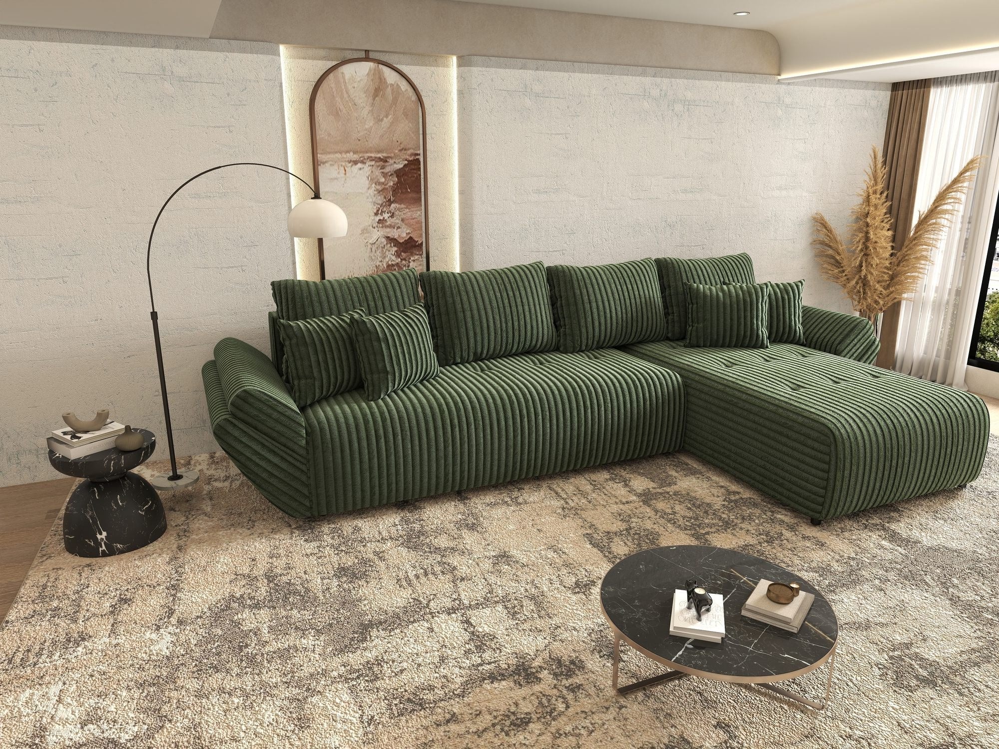 Colțar extensibil dumonde cu ladă de depozitare si sezut confortabil din spuma high-density, Berlin XL Tilia Verde 39 II 350x185 cm