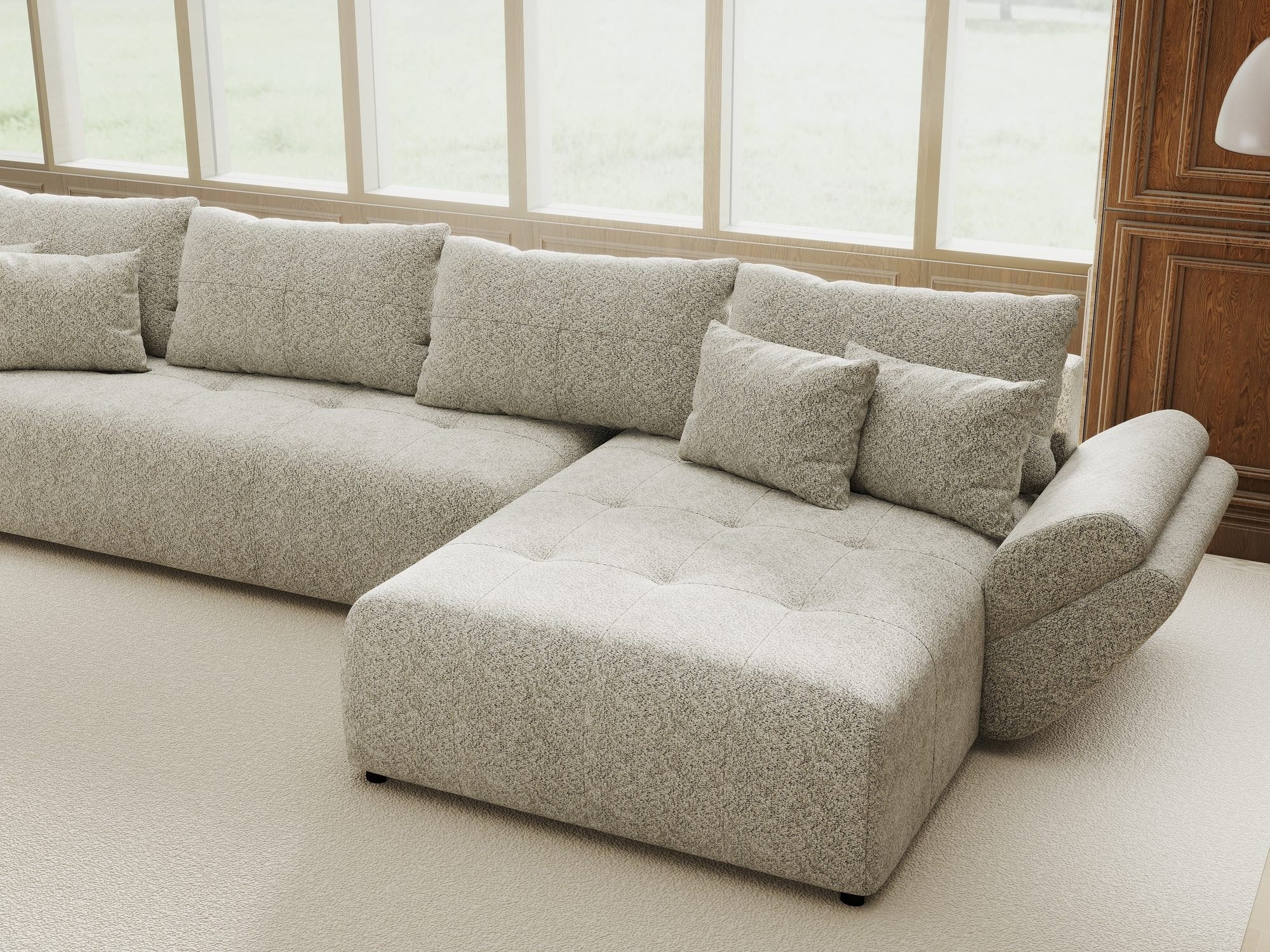 Colțar extensibil dumonde cu ladă de depozitare si sezut confortabil din spuma high-density, Berlin XL Arena Bej 2 II 350x185 cm