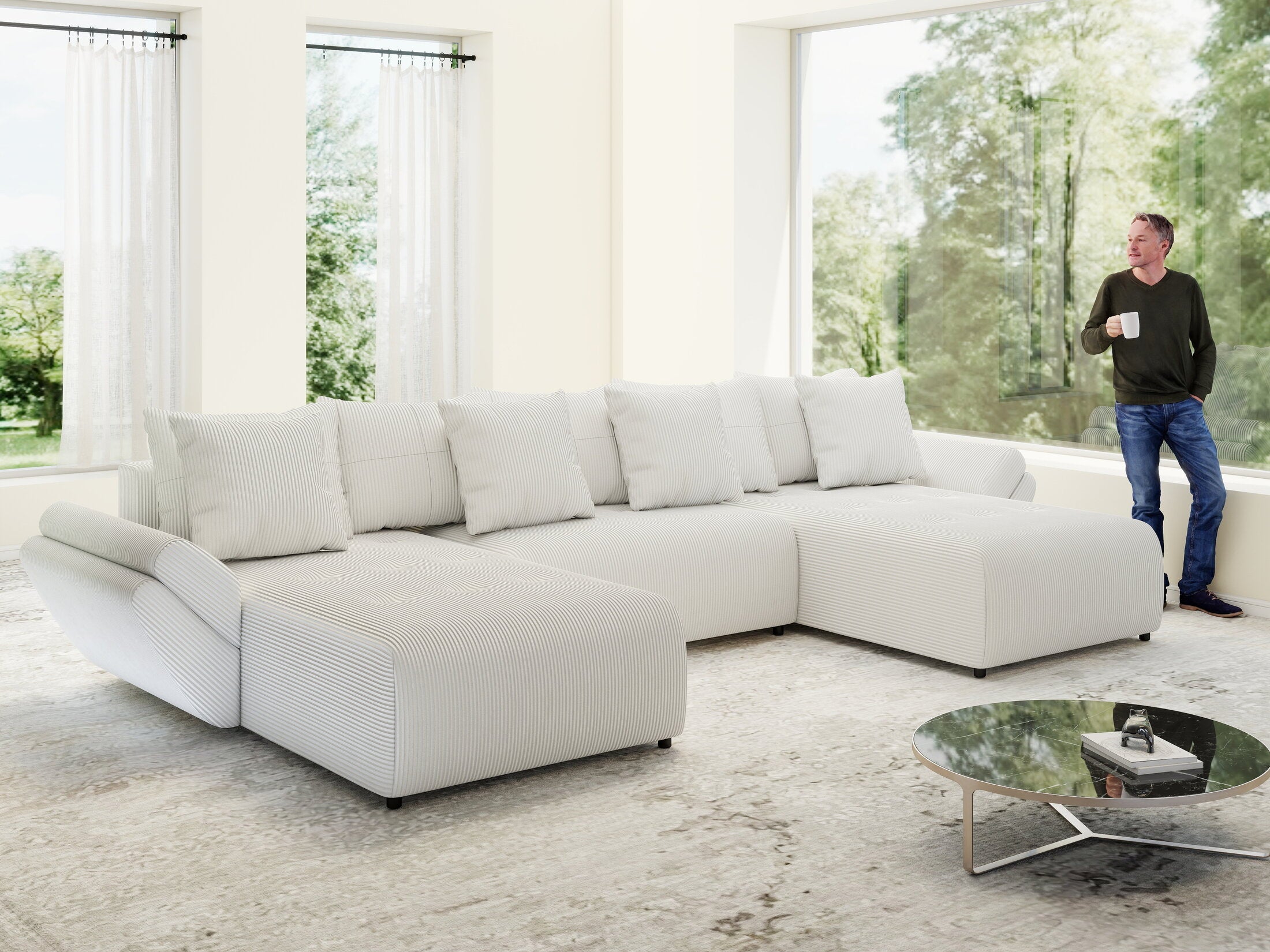 Colțar extensibil dumonde cu ladă de depozitare si sezut confortabil din spuma high-density, Berlin U Zoom Crem 400x185 cm