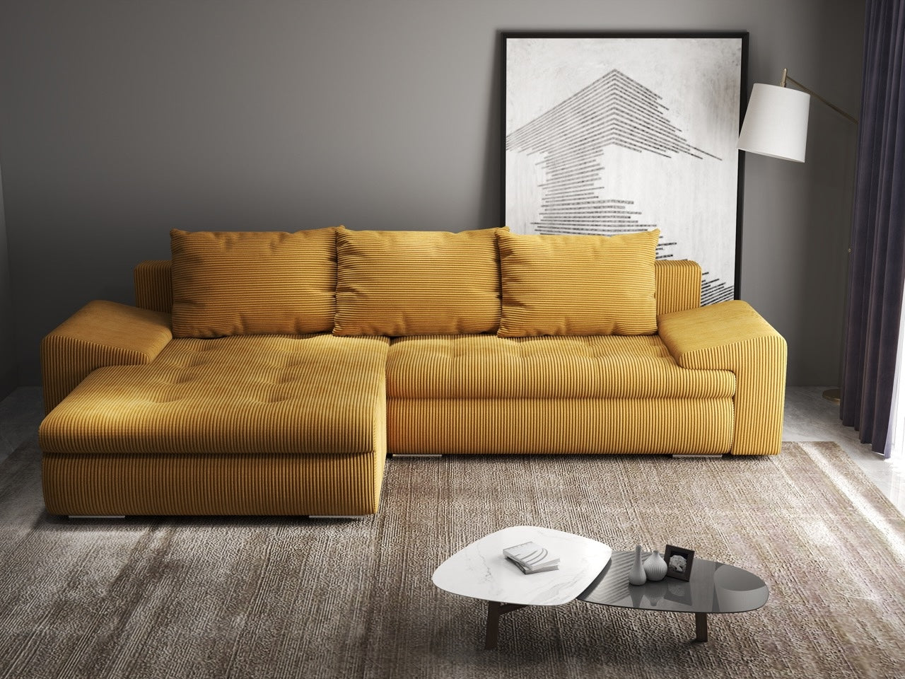 Colțar extensibil dumonde cu ladă de depozitare si sezut confortabil din spuma HR, Leonardo Zoom Mustar 260x185 cm Fabrica