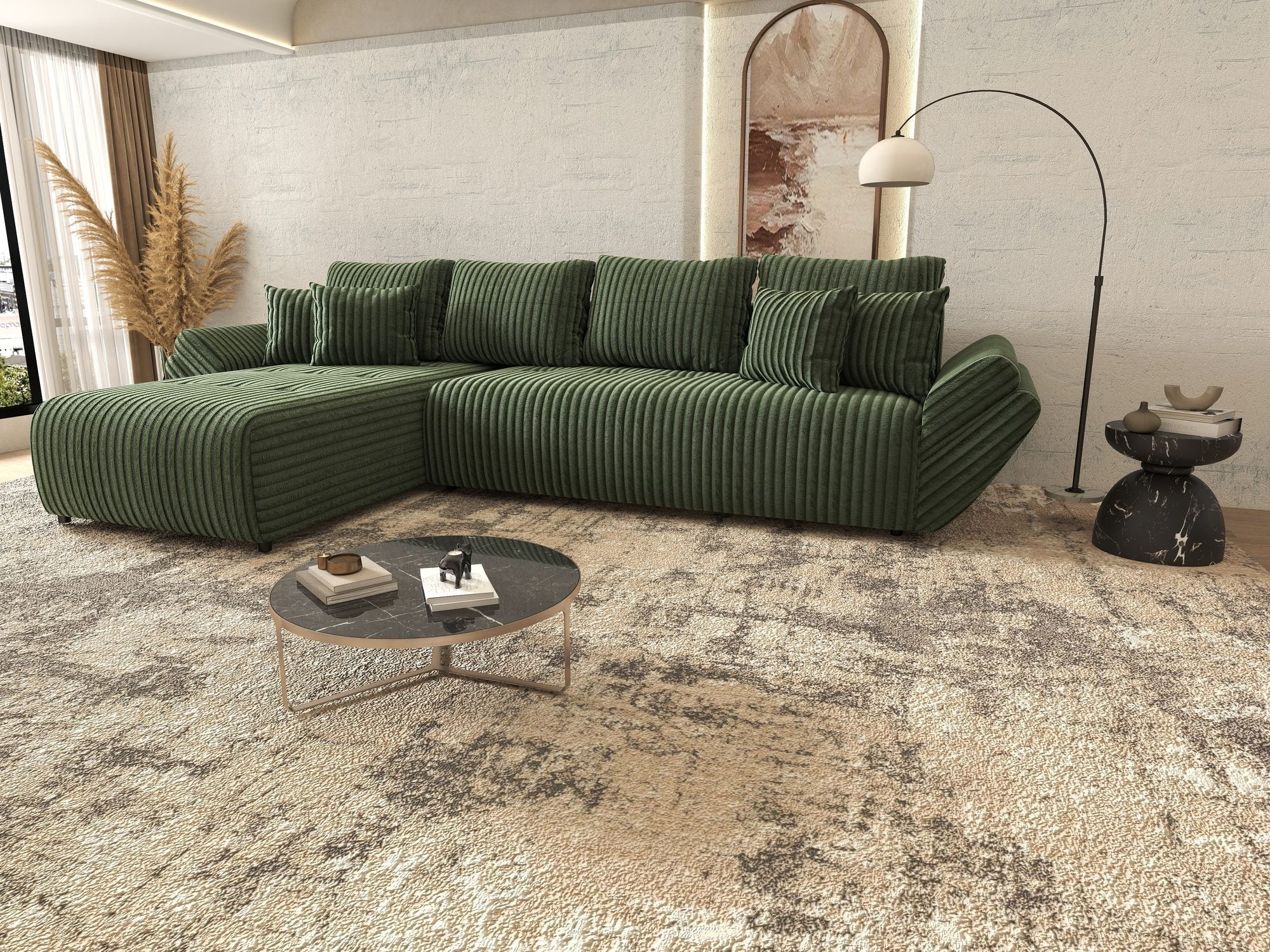 Colțar extensibil dumonde cu ladă de depozitare si sezut confortabil din spuma high-density, Berlin XL Tilia Verde 39 350x185 cm