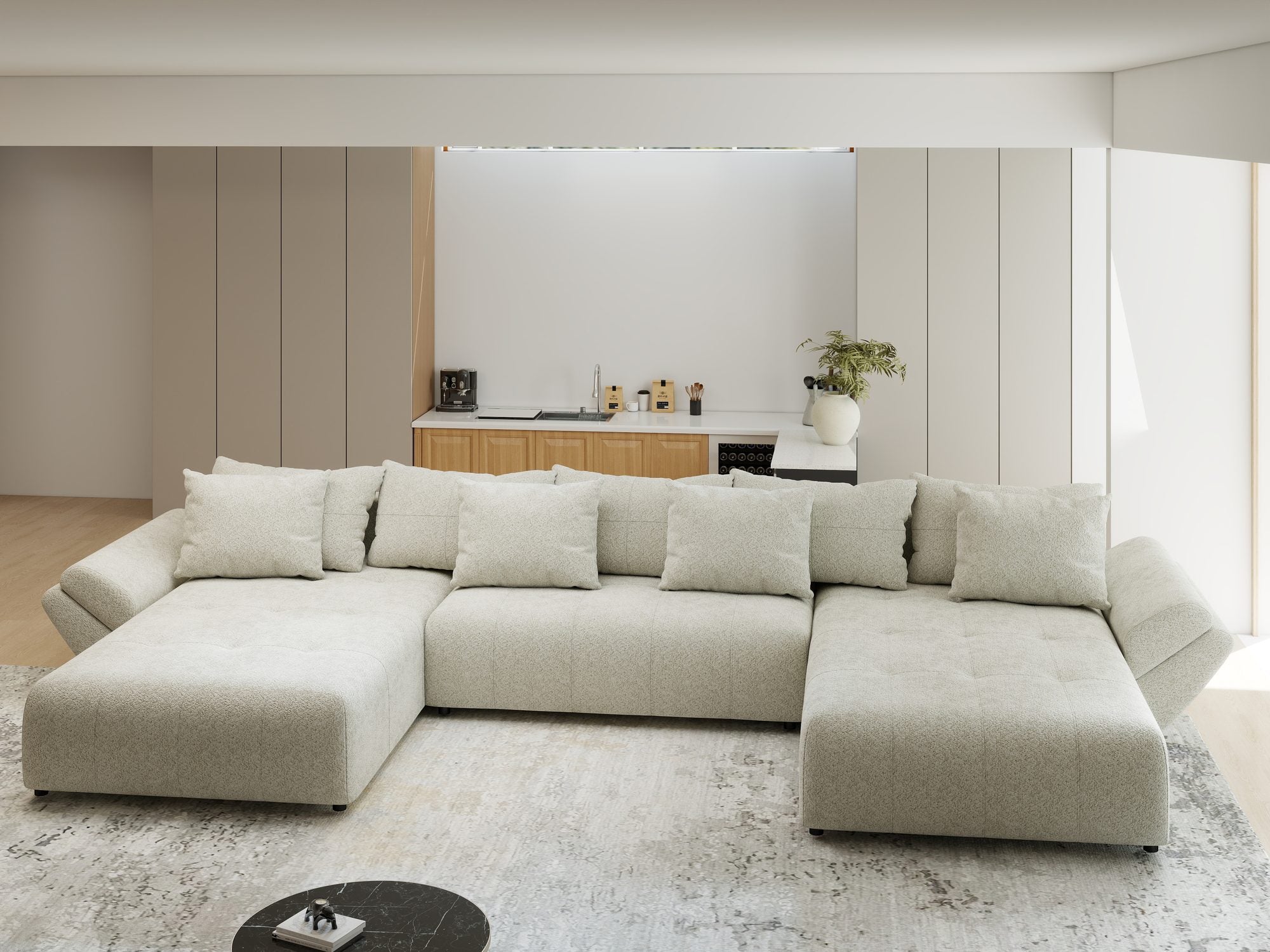 Colțar extensibil dumonde cu ladă de depozitare si sezut confortabil din spuma high-density, Berlin U Arena Bej 20 380x180 cm