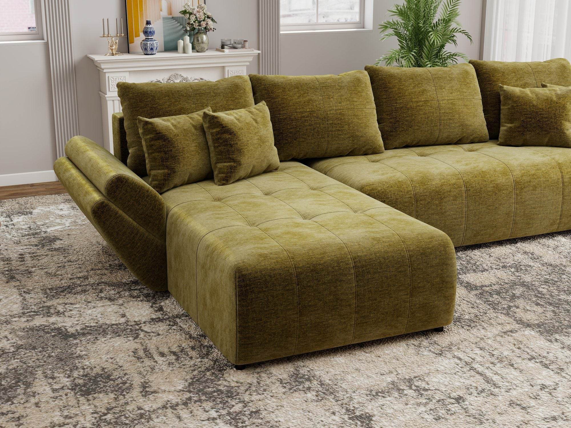 Colțar extensibil dumonde cu ladă de depozitare si sezut confortabil din spuma high-density, Berlin XL Monolith Verde Olive 38 350x185 cm