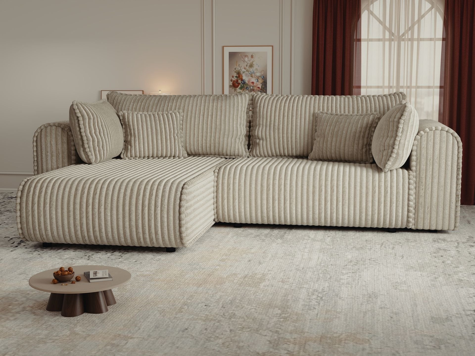 Colțar extensibil dumonde cu ladă de depozitare si sezut confortabil din spuma high-density, Monaco L Tilia Bej 270x100 cm