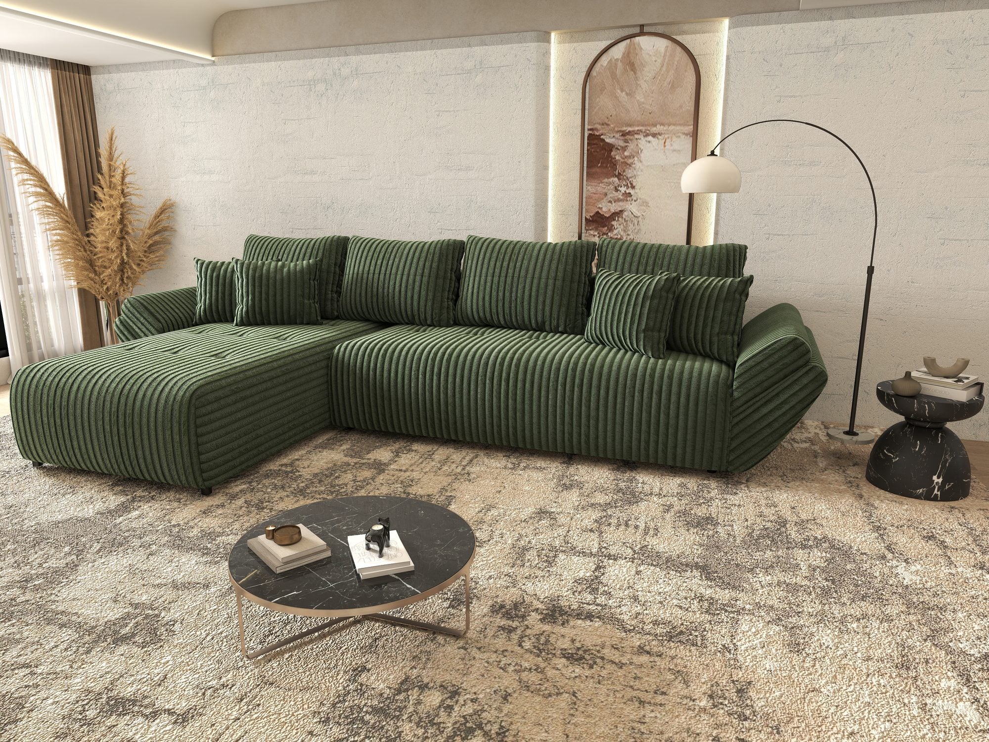 Colțar extensibil dumonde cu ladă de depozitare si sezut confortabil din spuma high-density, Berlin XL Tilia Verde 39 350x185 cm