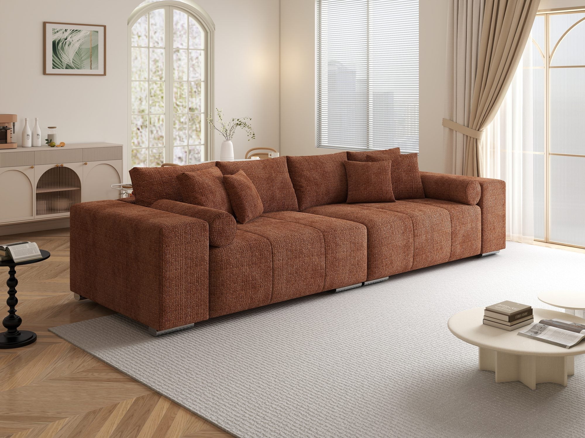 Canapea extensibilă dumonde cu ladă de depozitare si sezut confortabil din spuma high-density, Marbela XXL Cremona Teracota 52 290x100 cm