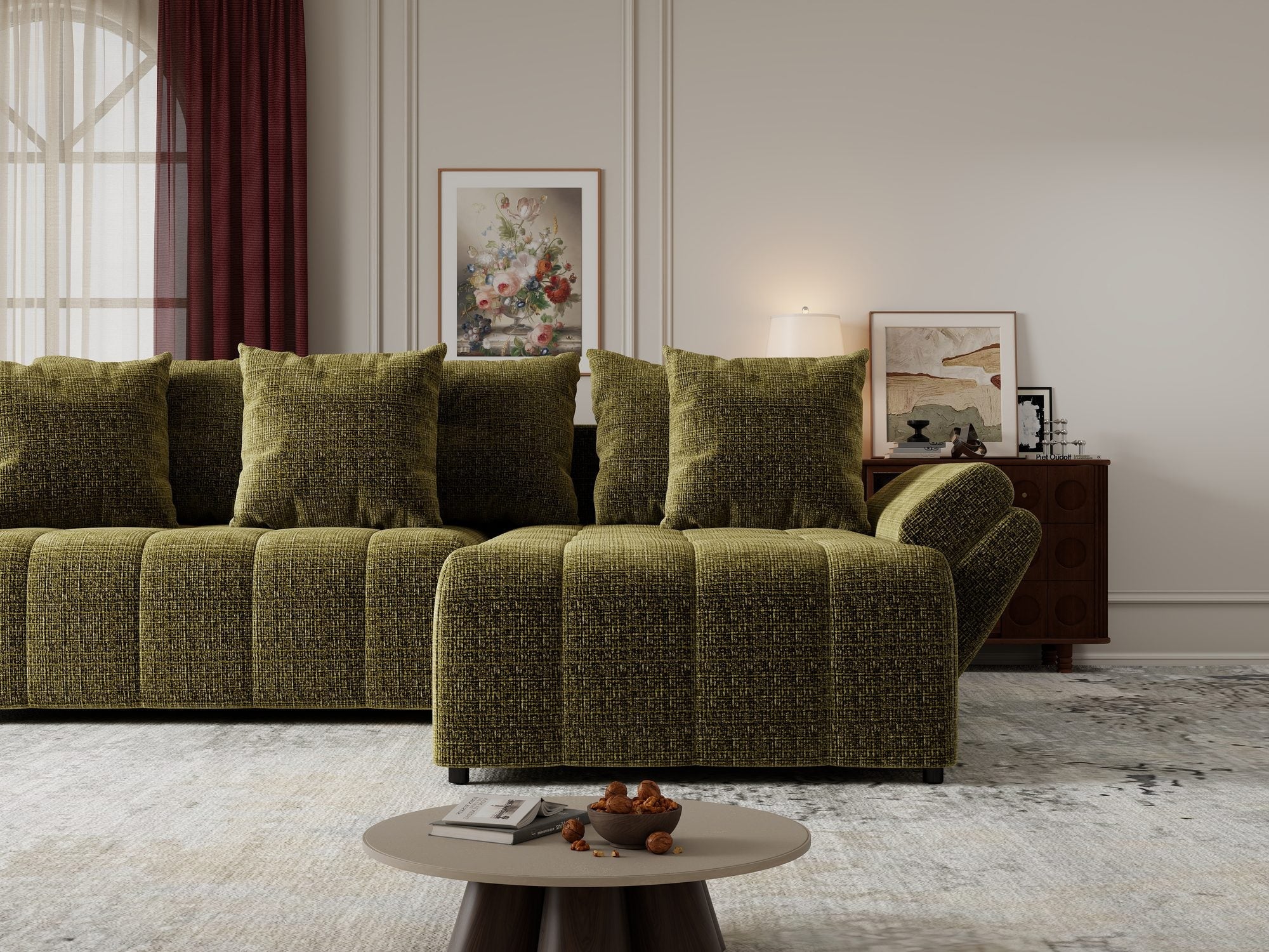 Colțar extensibil dumonde cu ladă de depozitare si sezut confortabil din spuma high-density, Berlin Monolith Verde Olive 38 II 280x185 cm