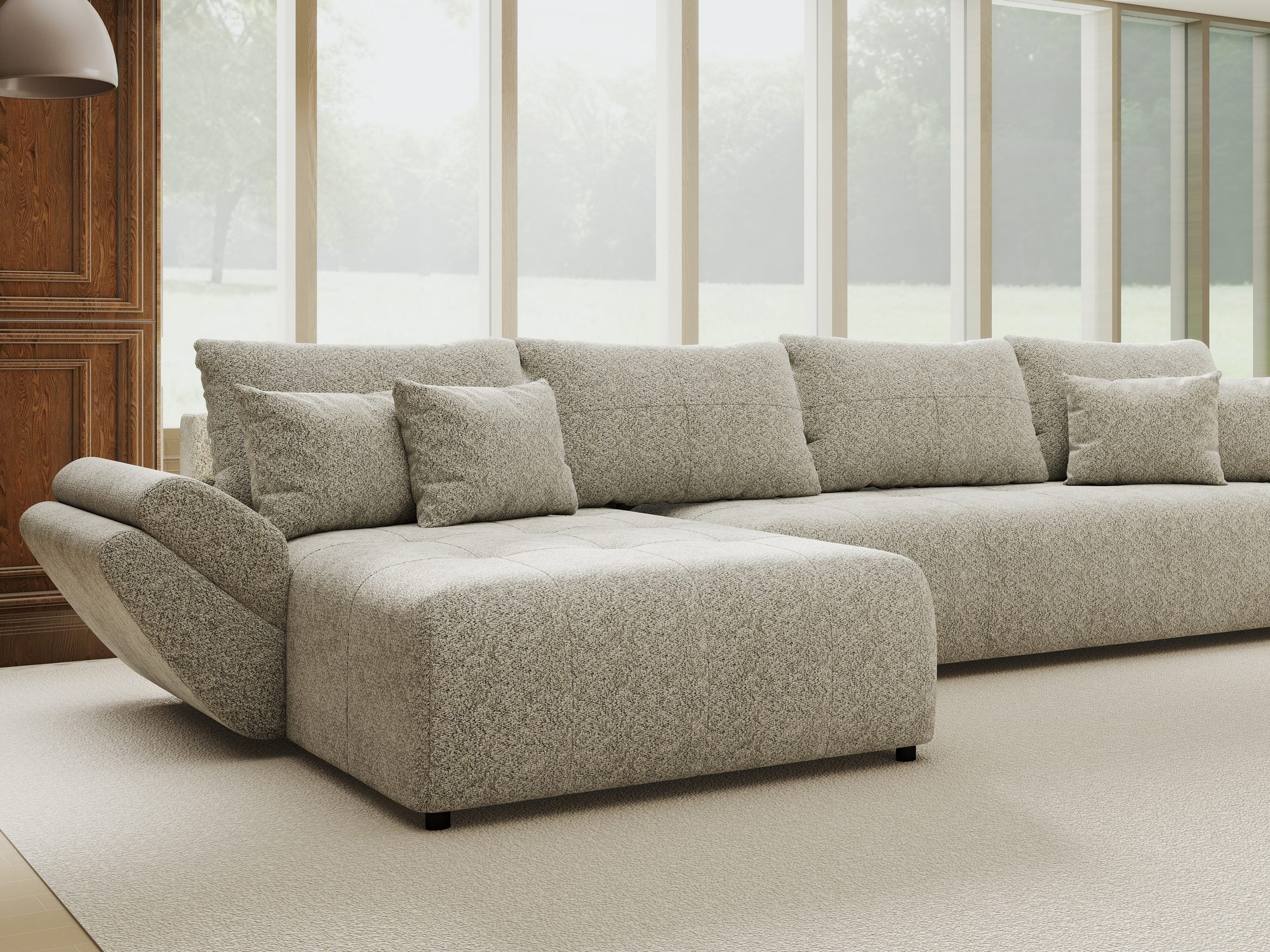 Colțar extensibil dumonde cu ladă de depozitare si sezut confortabil din spuma high-density, Berlin XL Arena Bej 2 350x185 cm